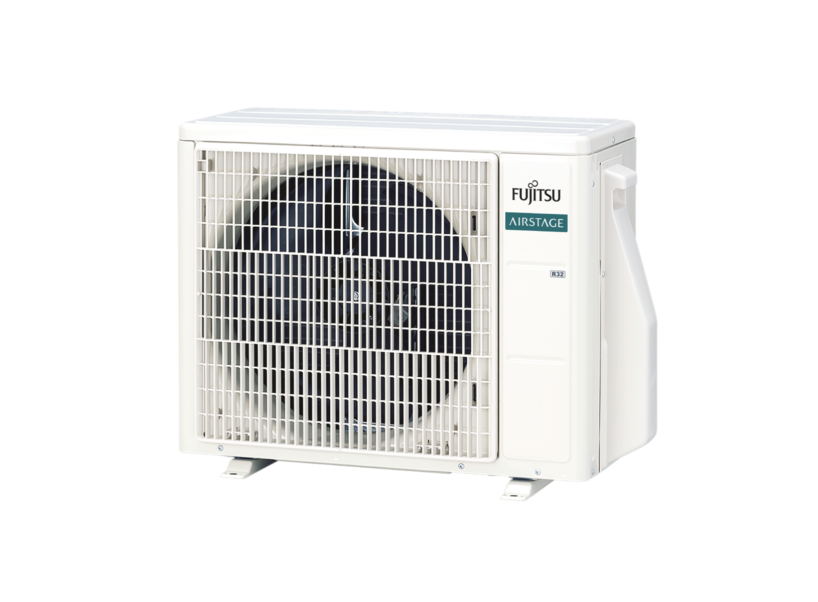 Unidad de aire acondicionado blanca Fujitsu con ventilador visible tras rejilla protectora.