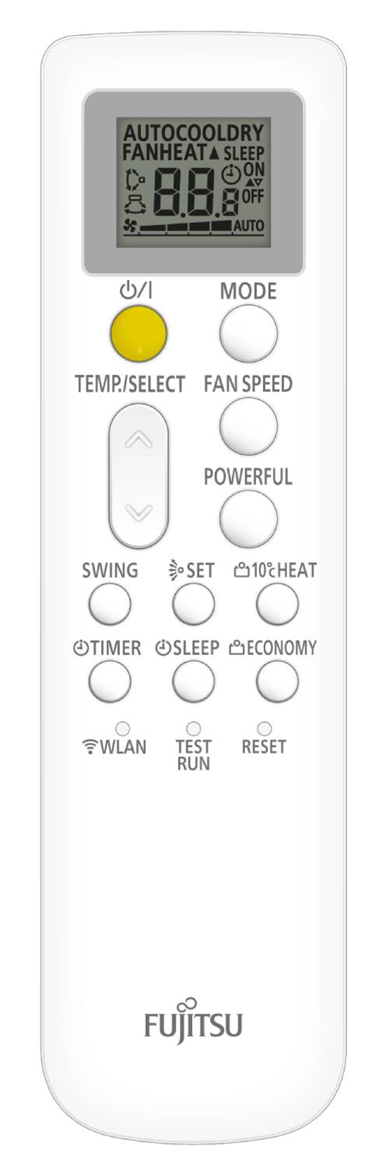 Telecomando bianco con pulsanti e display.