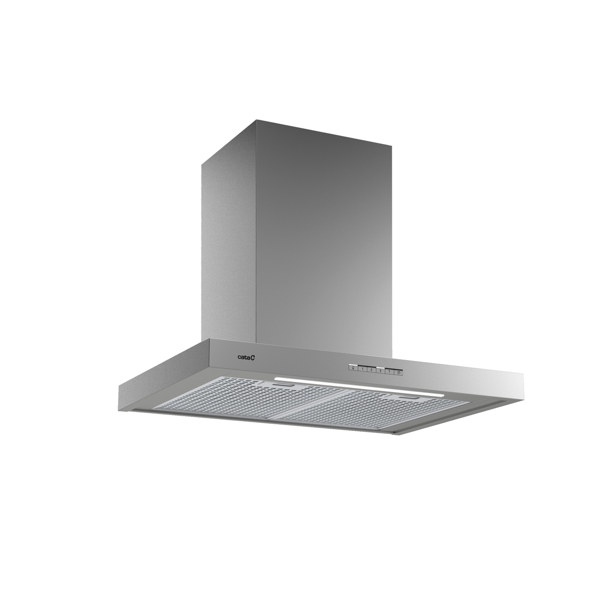 Cappa in acciaio inox. Design rettangolare. Marchio Catá sulla parte anteriore.