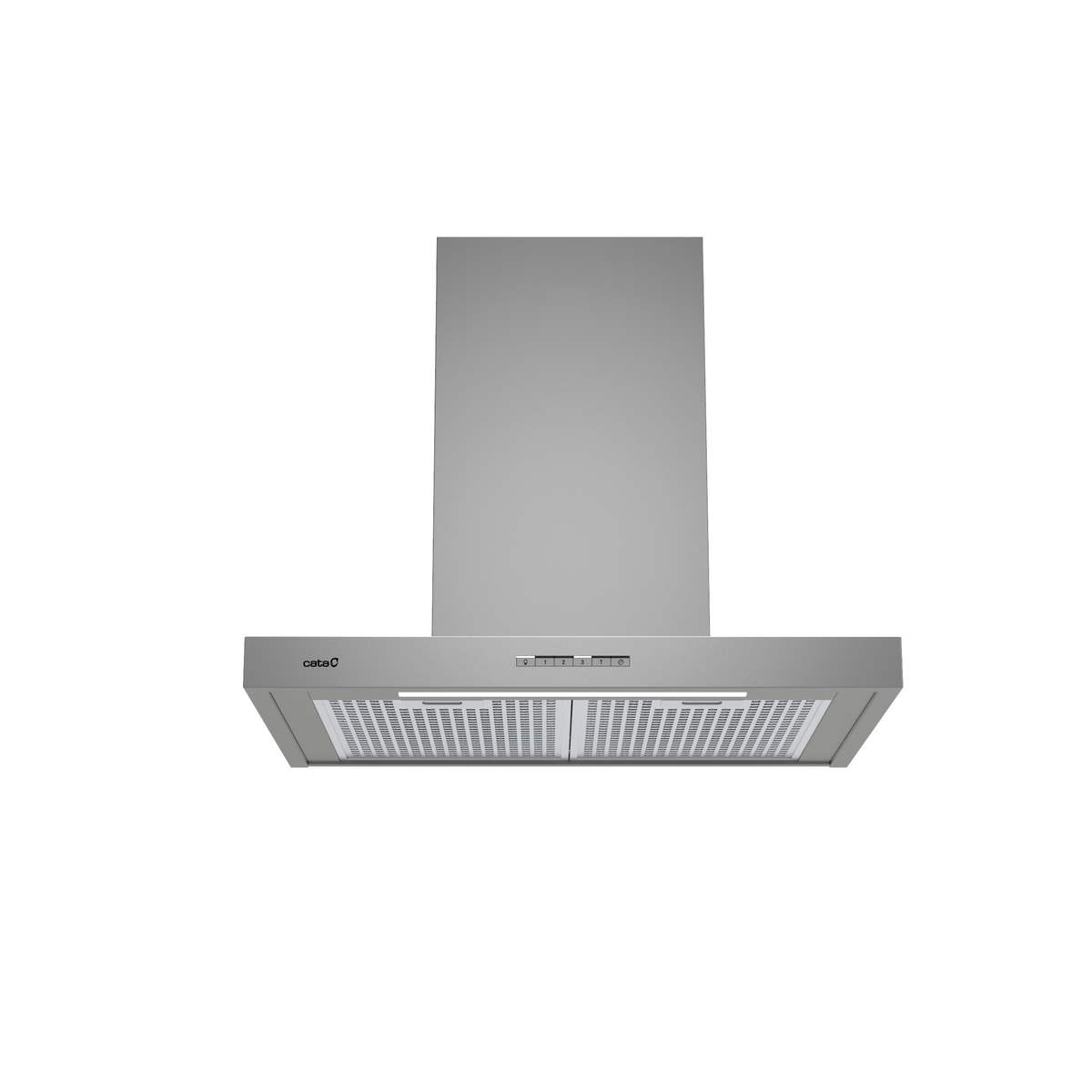 Cappa argentata con comandi e illuminazione, su sfondo bianco.