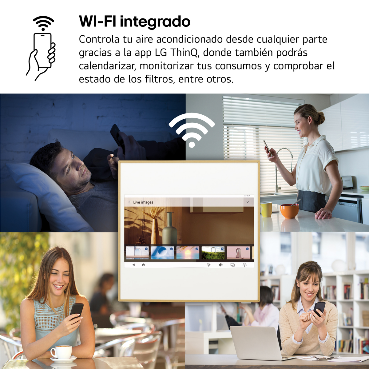 Imagen muestra teléfono controlando AC, con personas usando teléfonos e interfaz.