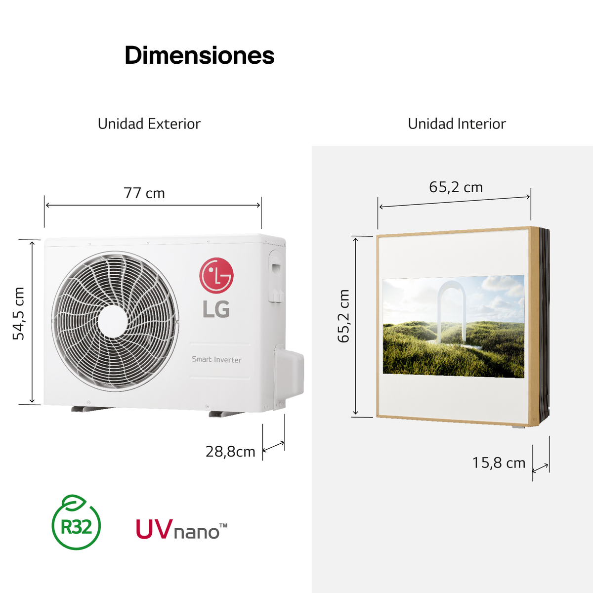 Diagrama de dimensiones de una unidad exterior e interior del aire acondicionado LG.