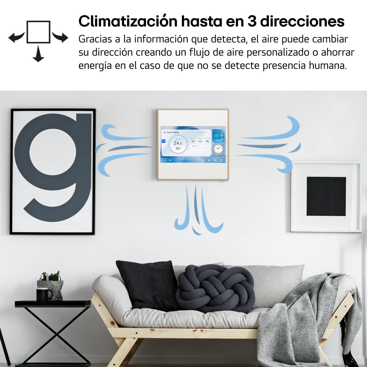 Habitación con termostato inteligente, obras de arte y sofá. Se muestra el flujo de aire.