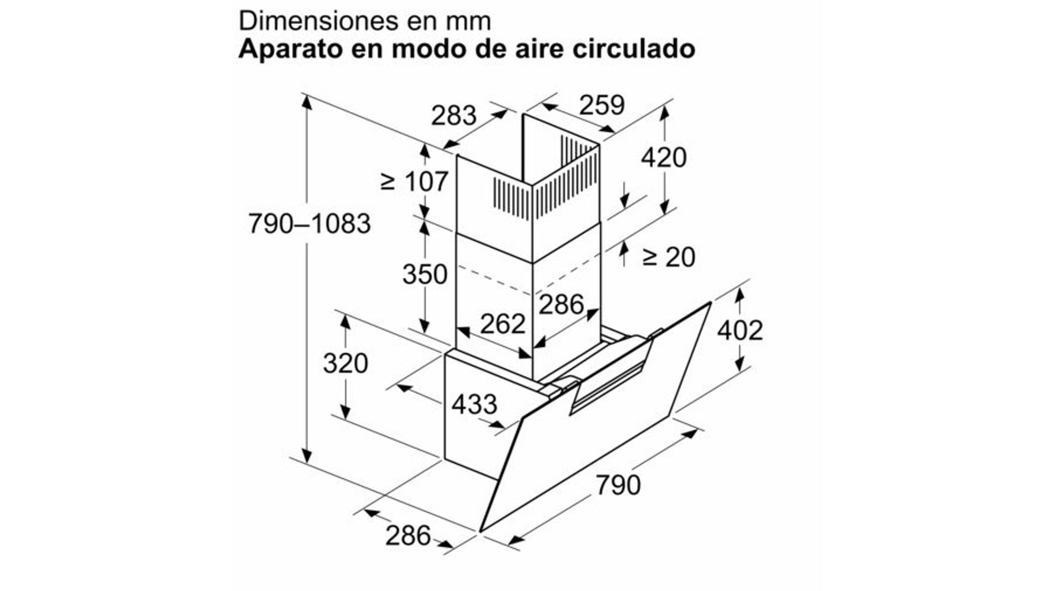 Schemat okapu z wymiarami w mm. Pokazuje widoki z góry, z boku i z przodu.
