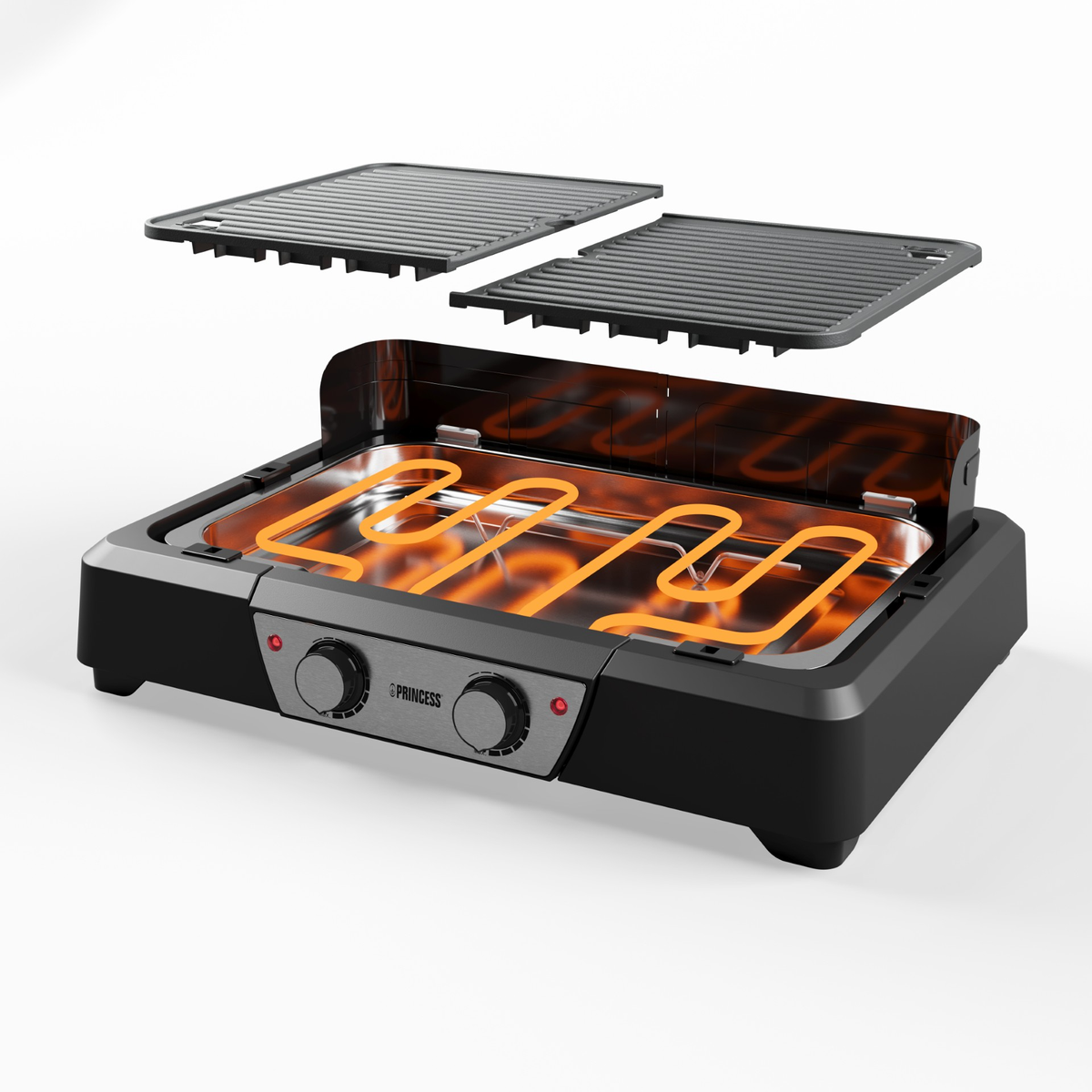 Parrilla eléctrica, desmontada. Muestra rejillas superiores, elementos calefactores y base negra con controles.