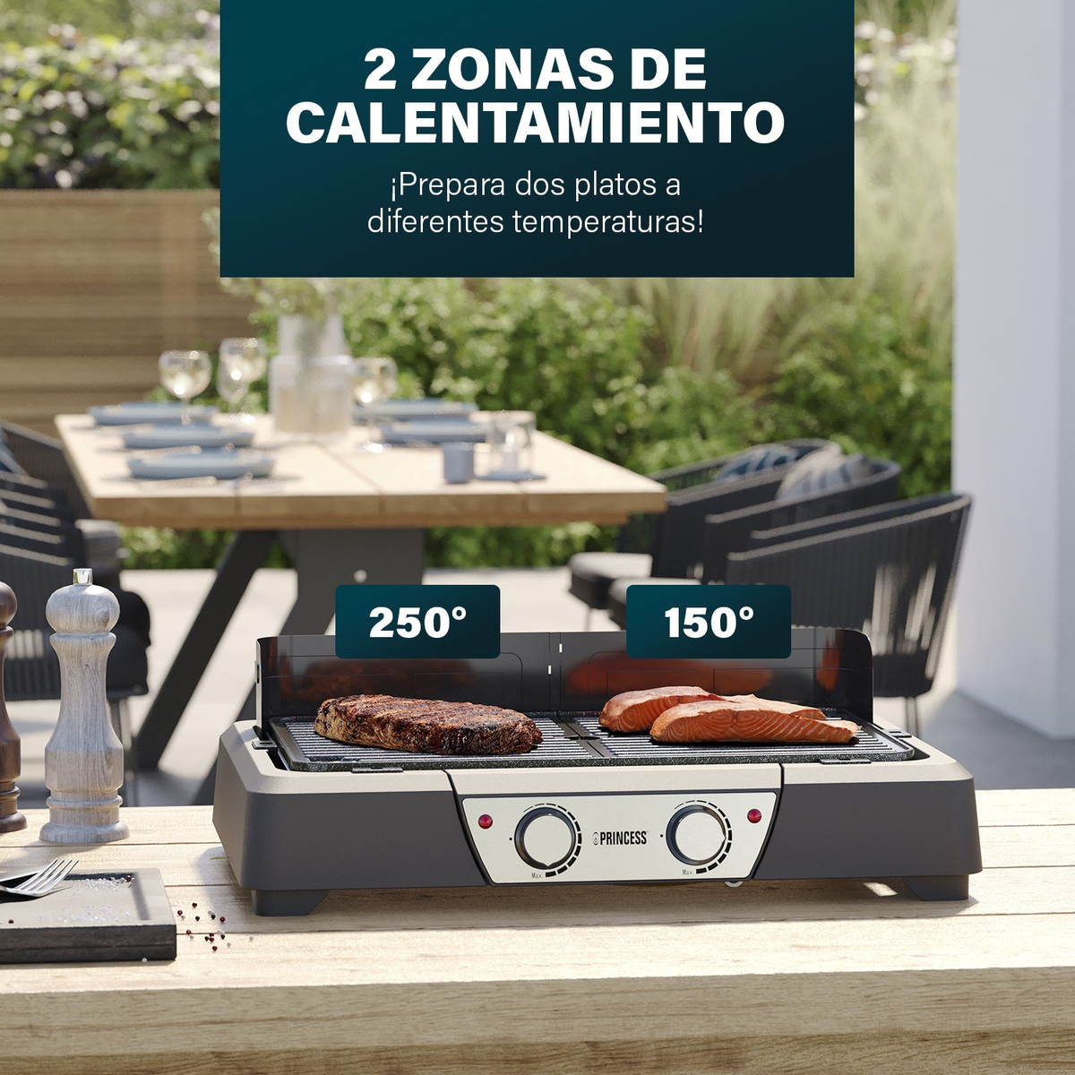 Una parrilla eléctrica con dos zonas de calentamiento ajustadas a 250° y 150°, cocinando filete y salmón sobre una mesa de madera.