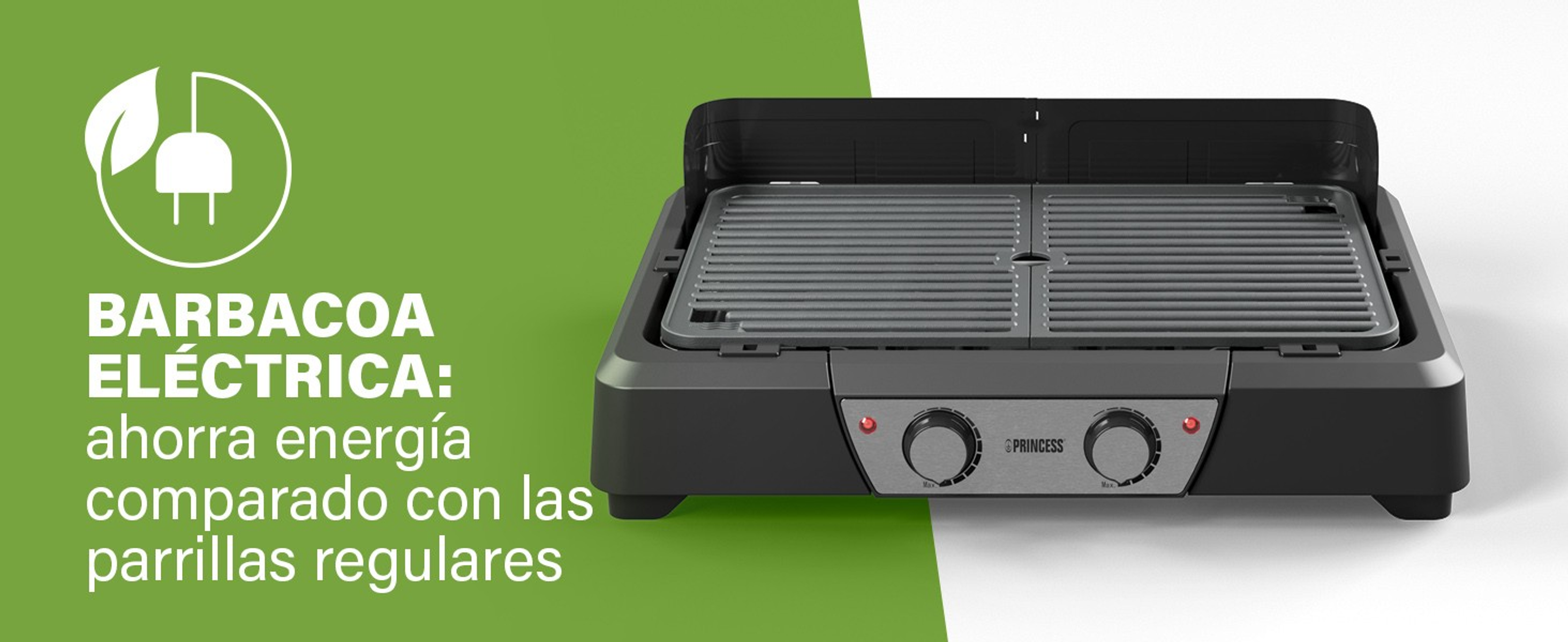 Parrilla eléctrica con texto que indica que ahorra energía en comparación con parrillas regulares.