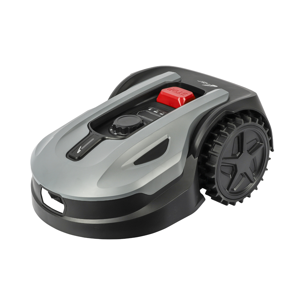 Robot grasmaaier met een grijze bovenkant, zwarte behuizing en rode stopknop, op een zwarte achtergrond.