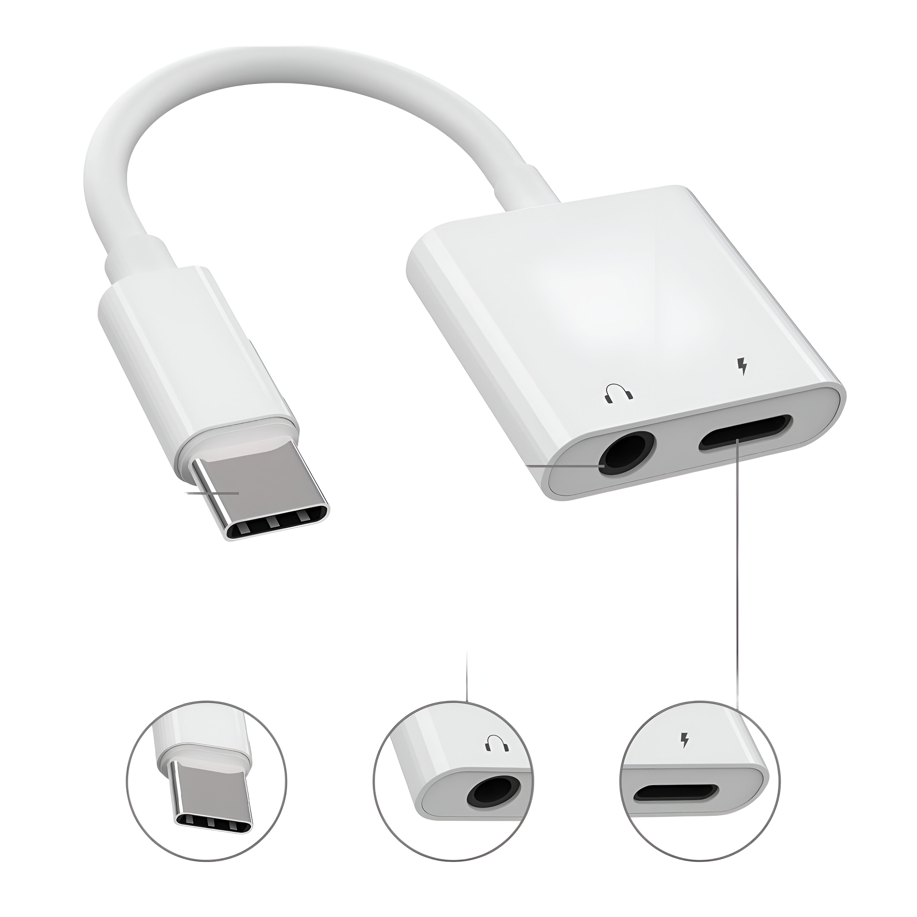 Adaptador blanco con conector USB-C y dos conectores de audio. Detalles de los conectores mostrados.