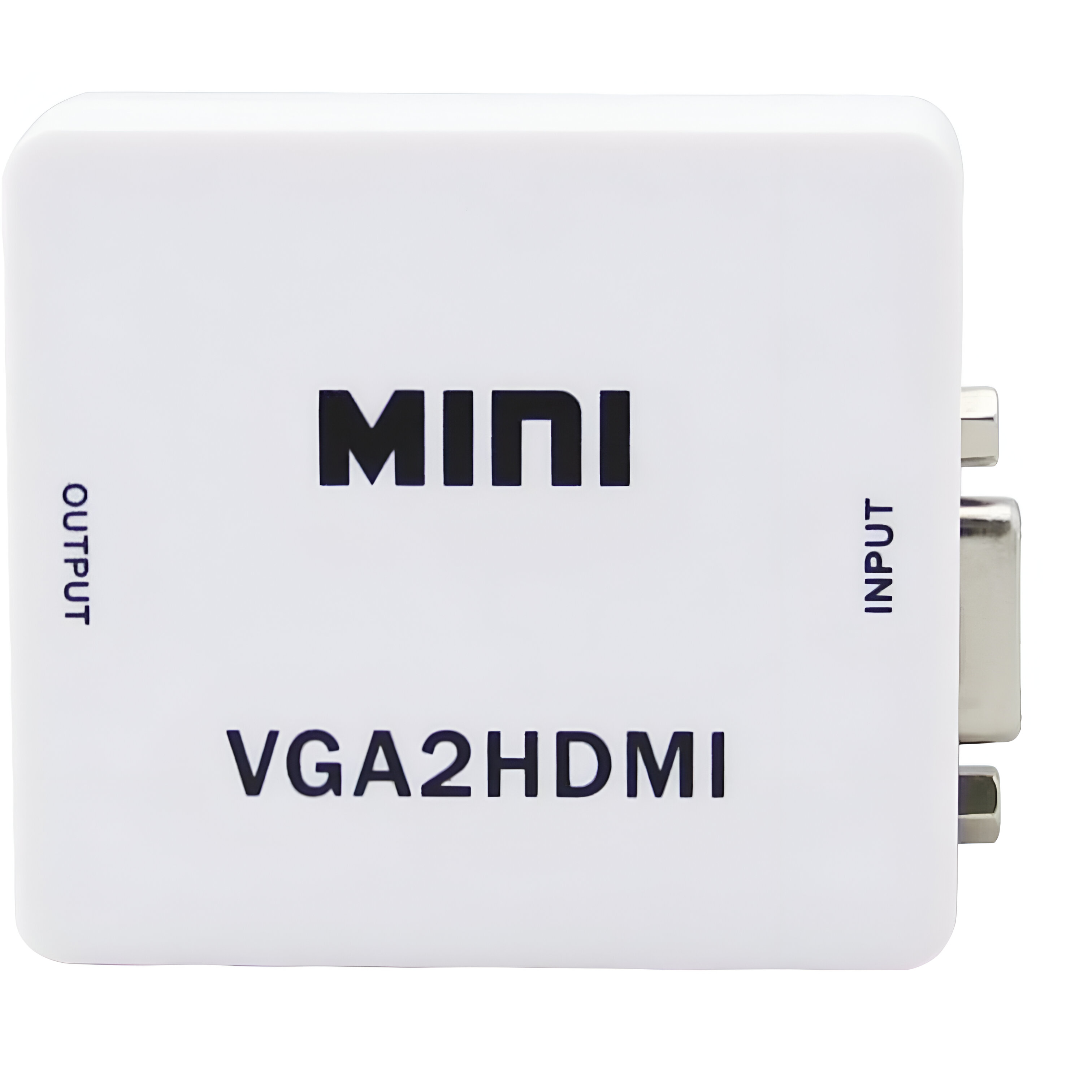Adaptador Mini VGA2HDMI blanco. El texto "MINI" y "VGA2HDMI" están impresos en la parte superior.