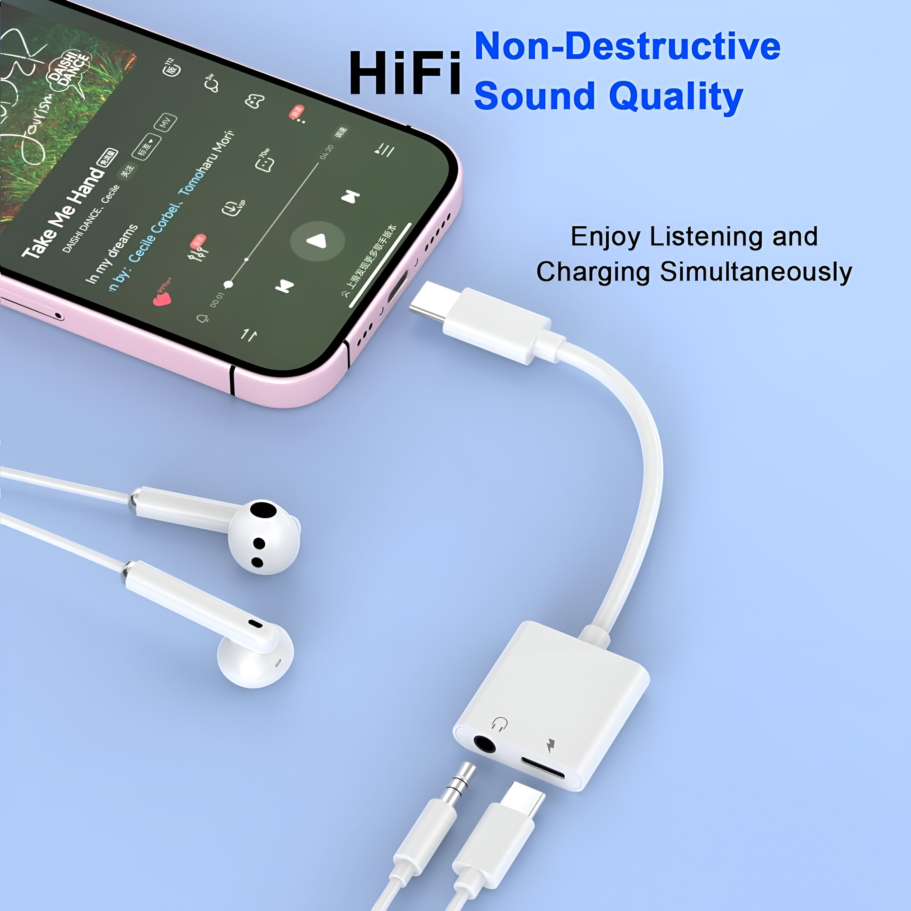 Un teléfono rosa con auriculares, un adaptador blanco y texto sobre calidad de sonido HiFi.