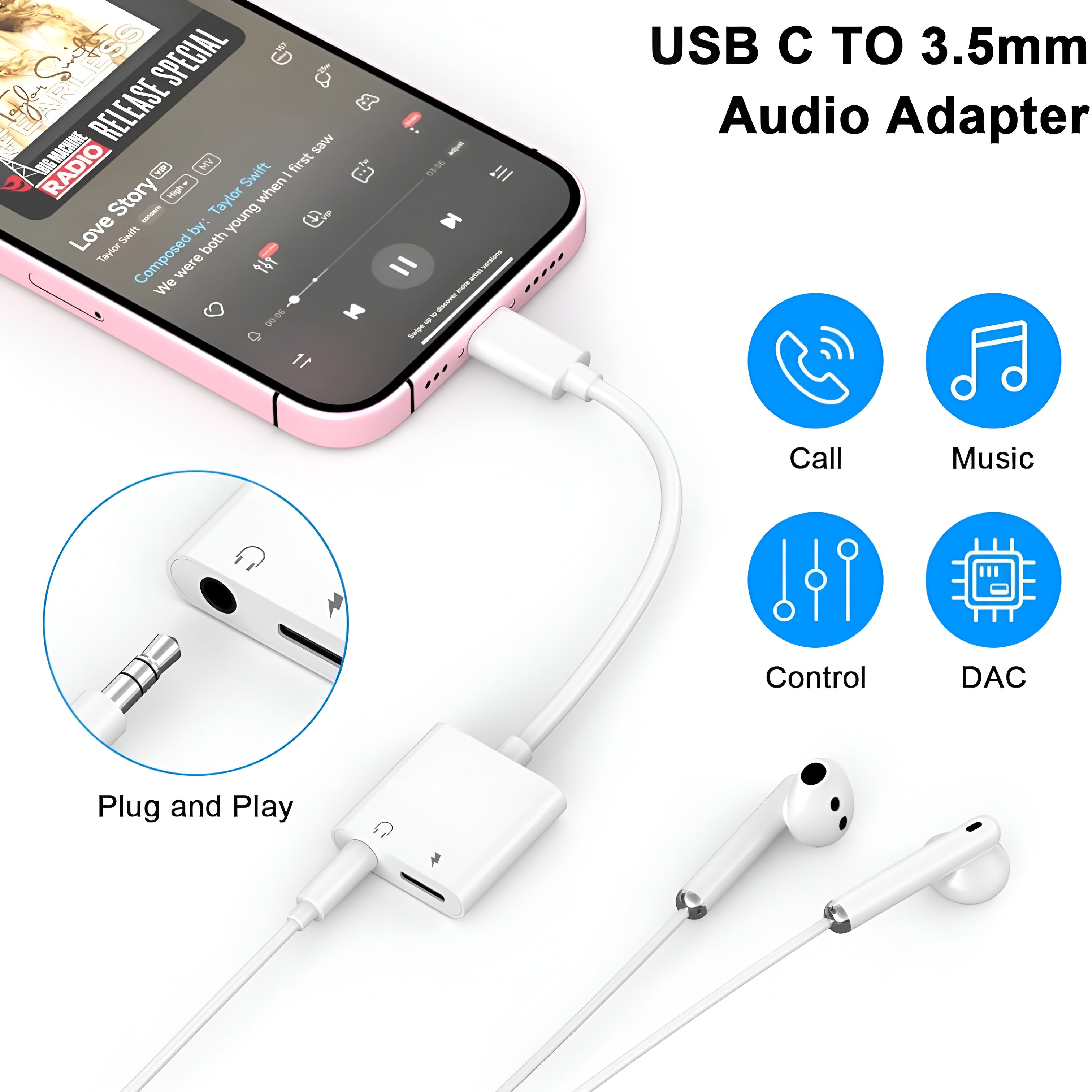 Un adaptador de audio USB-C a 3,5 mm blanco, con un teléfono y auriculares. Iconos de llamada, música, control.