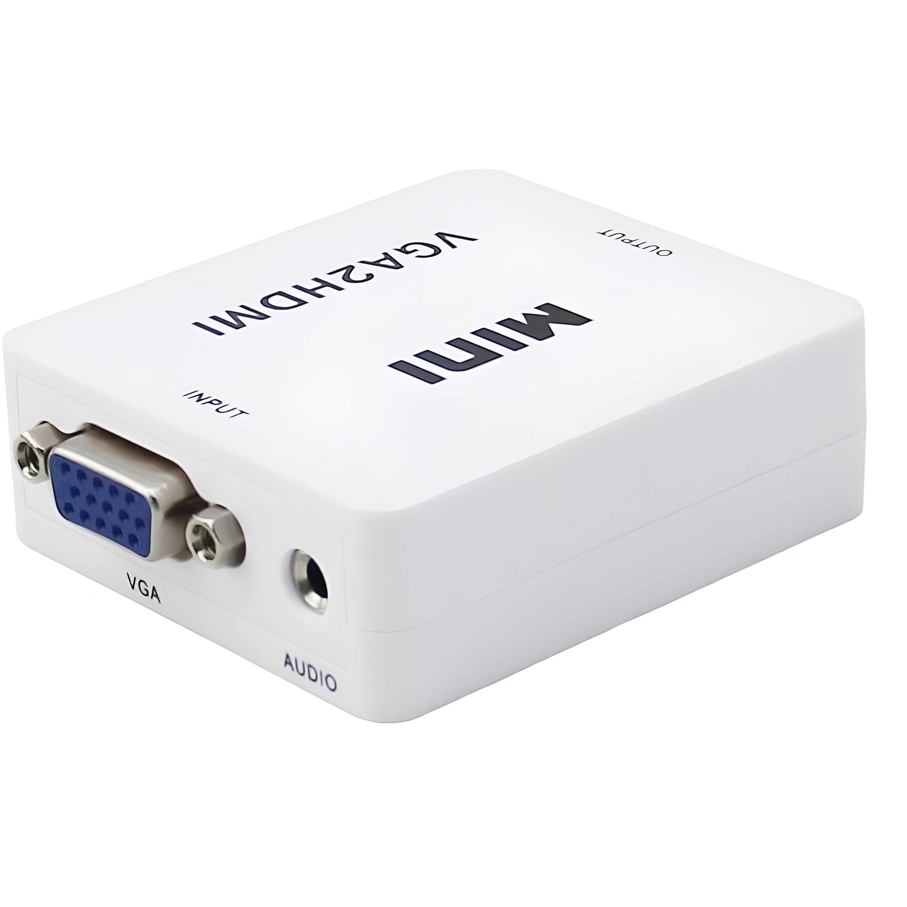 Un adaptador VGA a HDMI blanco con puertos, sobre un fondo blanco.