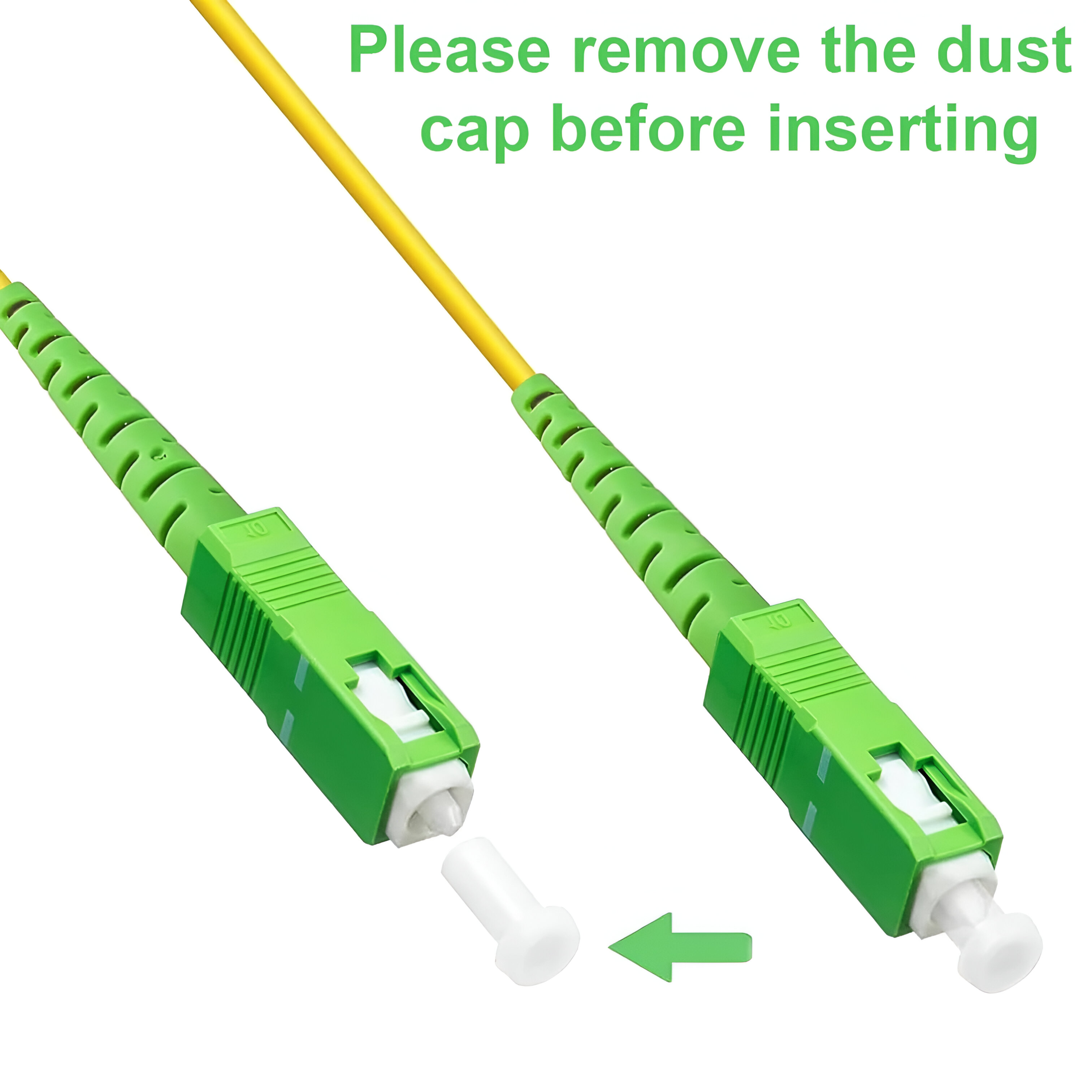 Conectores de cable de fibra óptica: conectores verdes con tapas blancas y cable amarillo.