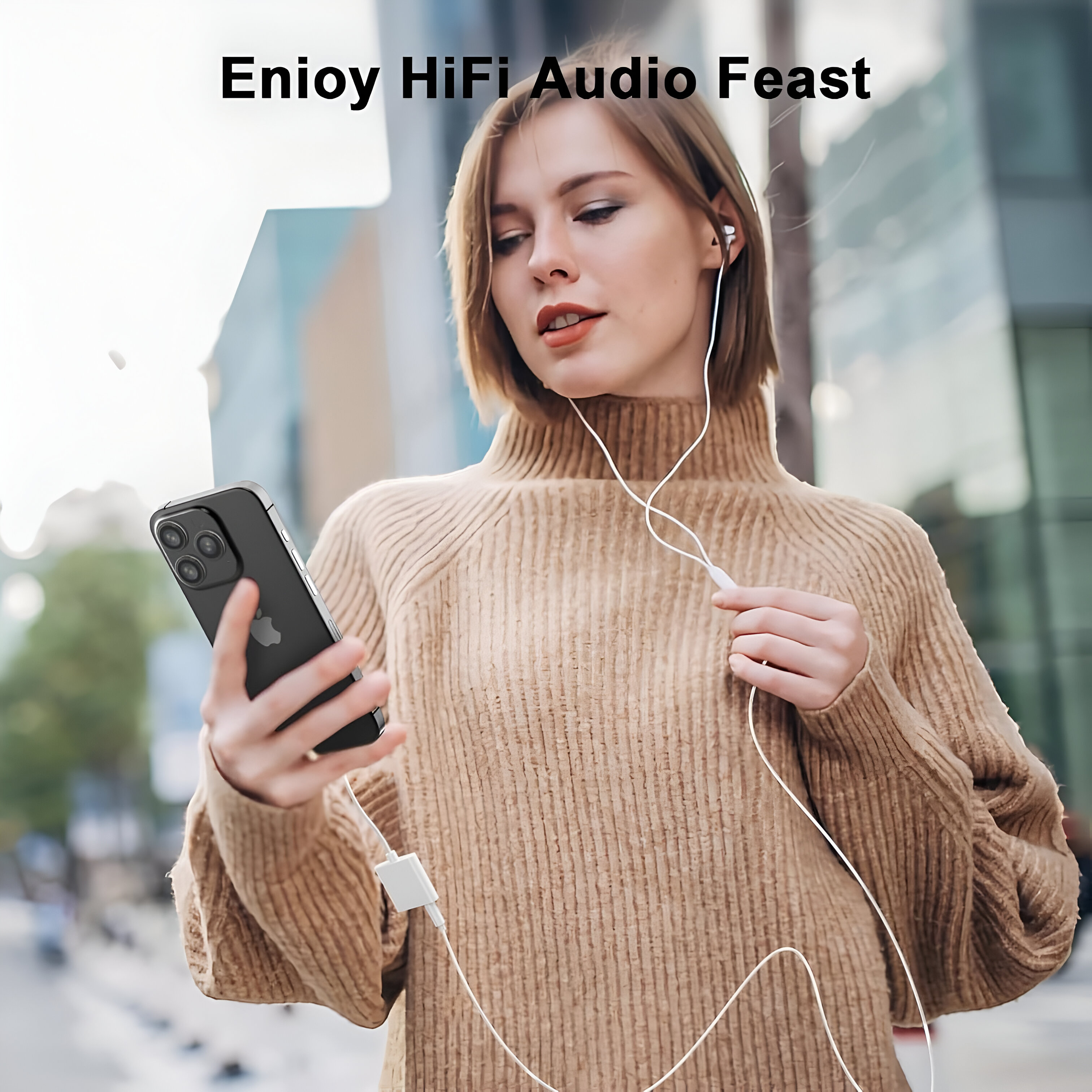 Mujer escuchando música en el teléfono con auriculares.
