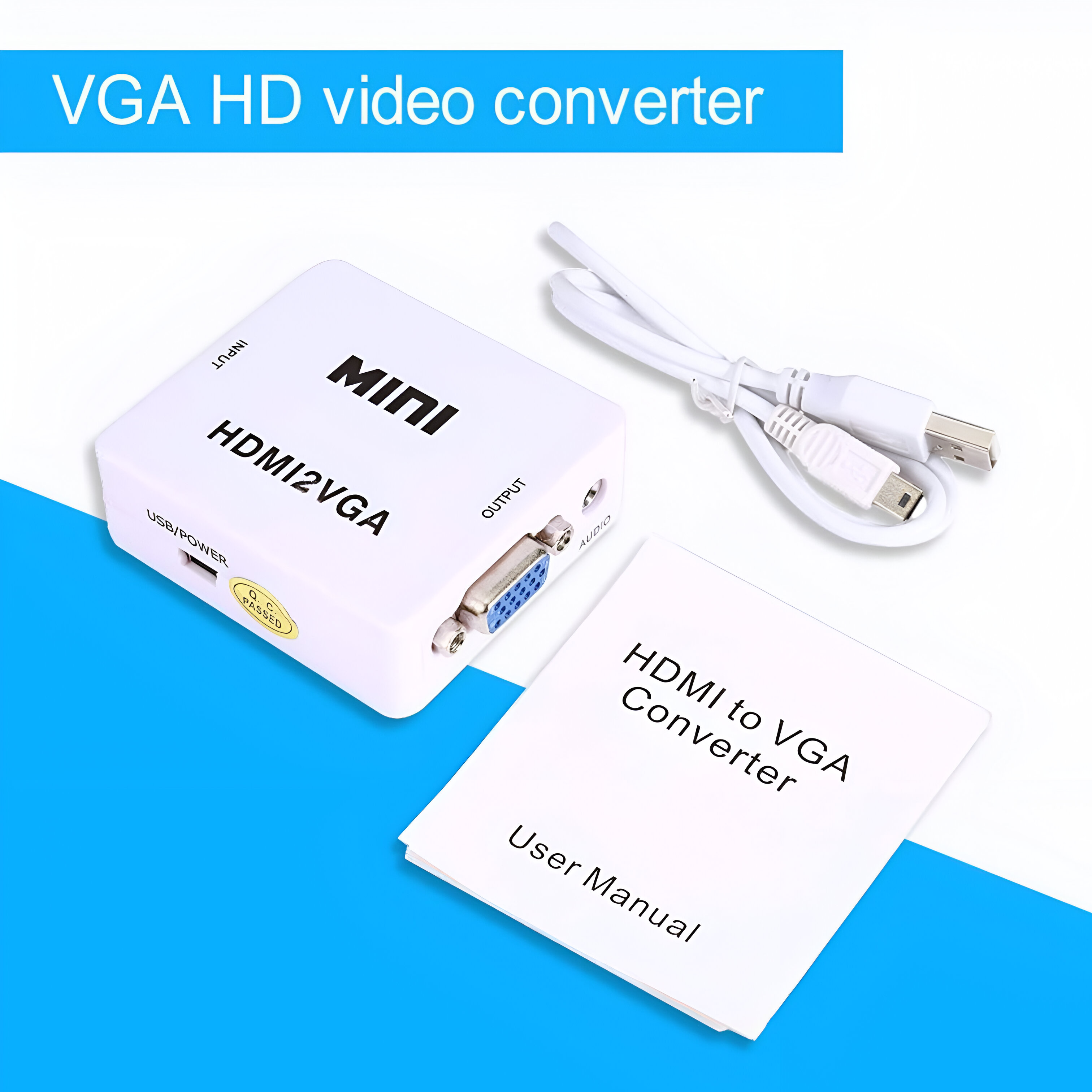 Convertidor HDMI a VGA blanco con cables, manual de usuario y fondo azul.