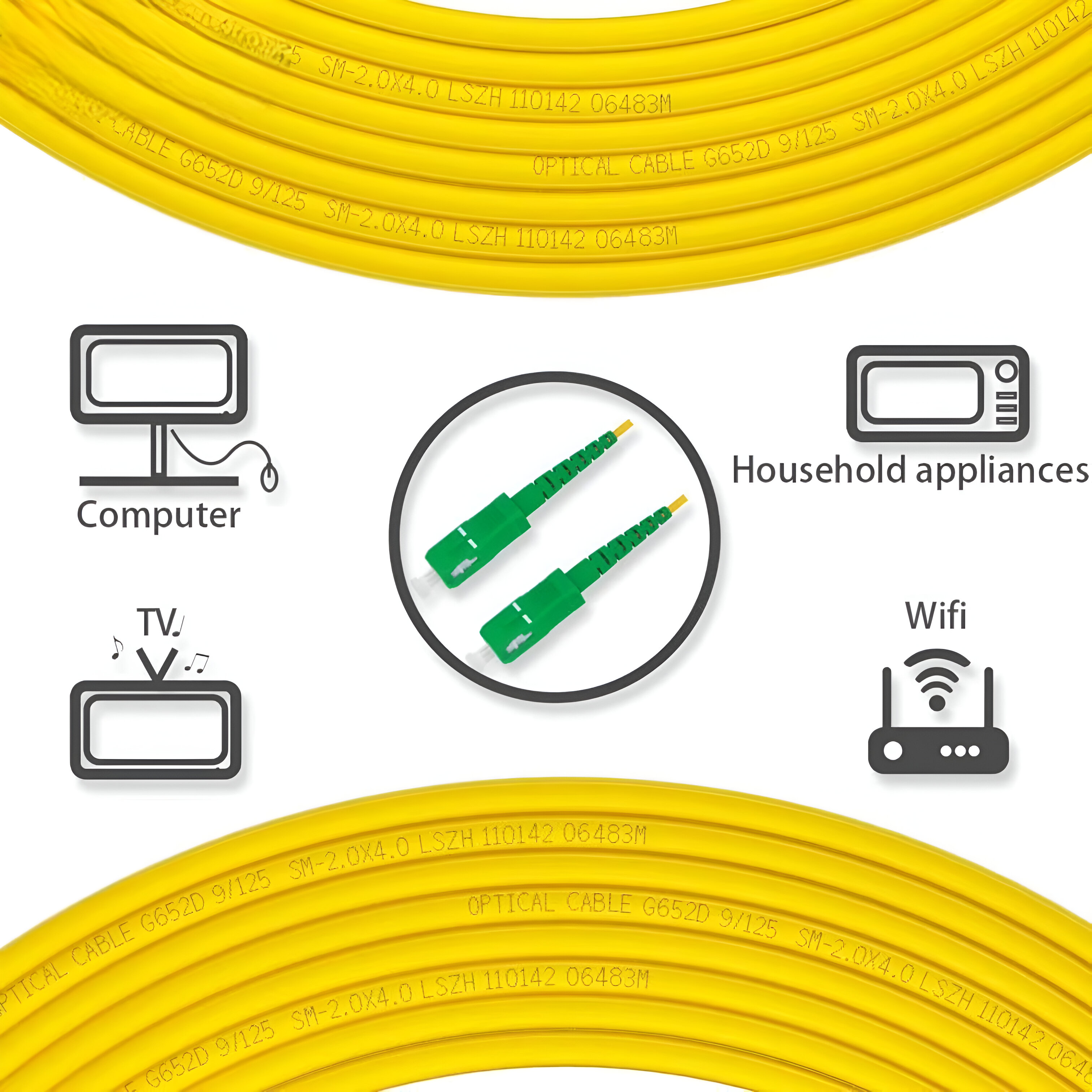 Cable óptico amarillo con texto e iconos de ordenador, TV, wifi y electrodomésticos.