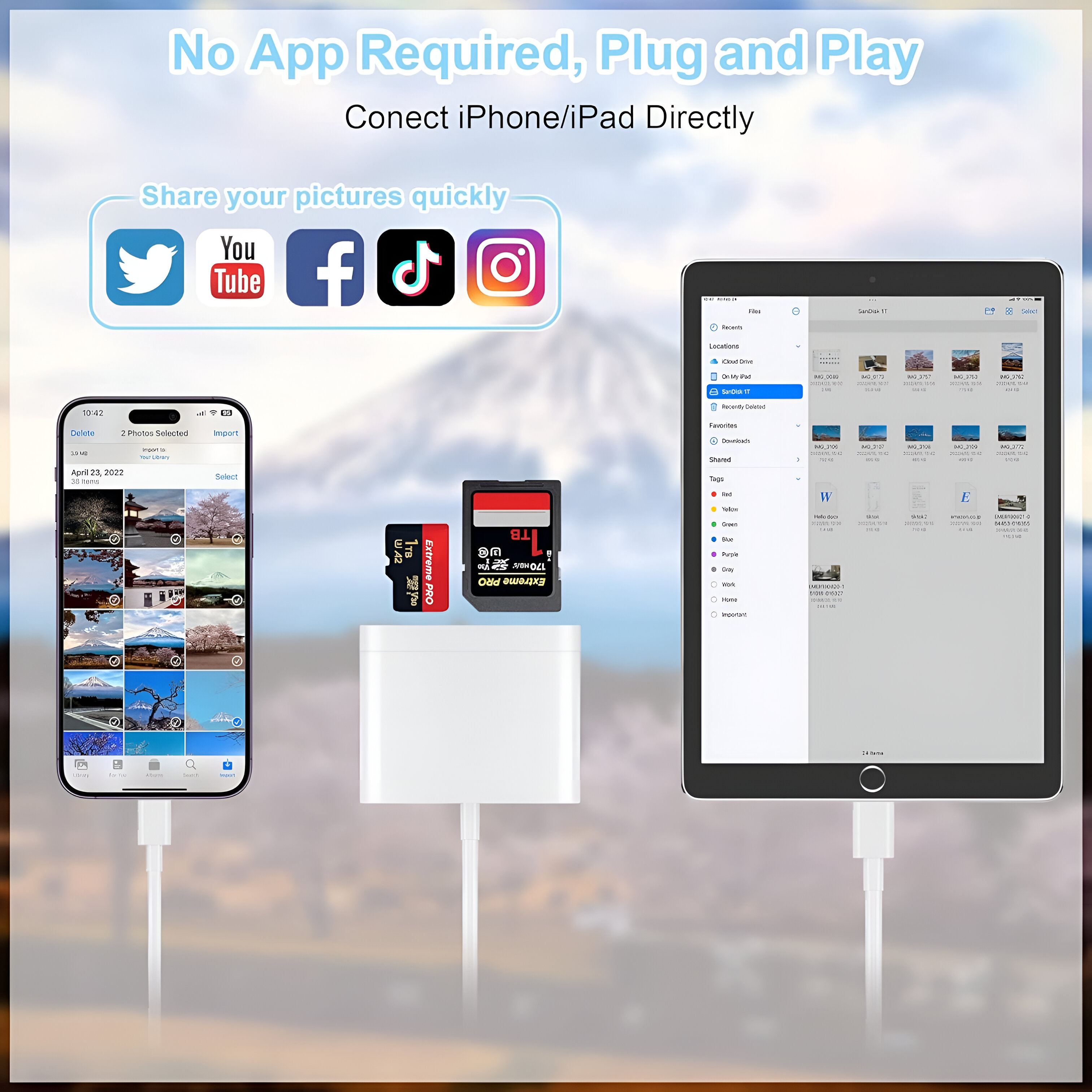 Un teléfono y una tableta conectados con un adaptador blanco para compartir fotos. Se muestran iconos de redes sociales.