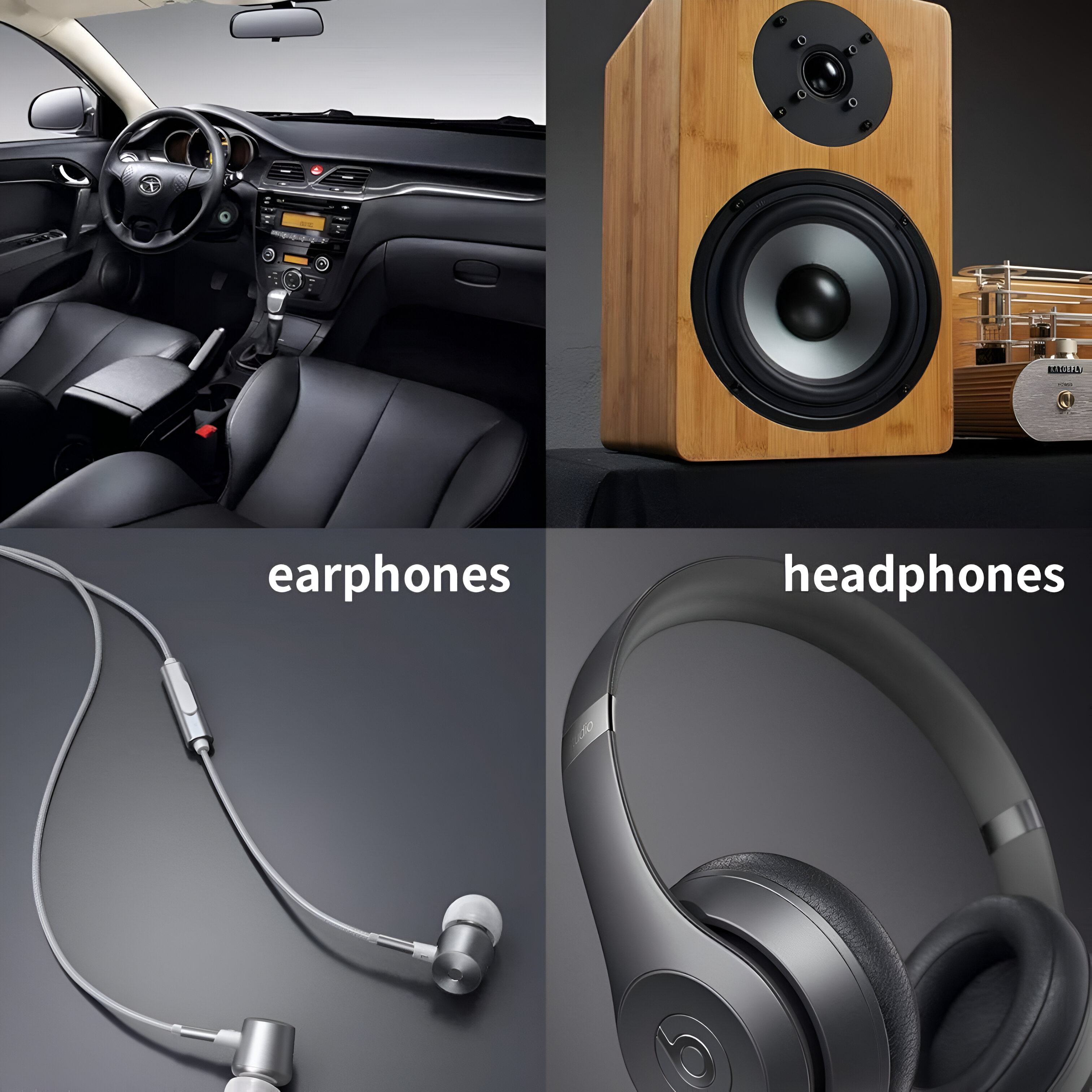 Vista interior del coche con salpicadero, asientos y volante, además de auriculares y altavoces.