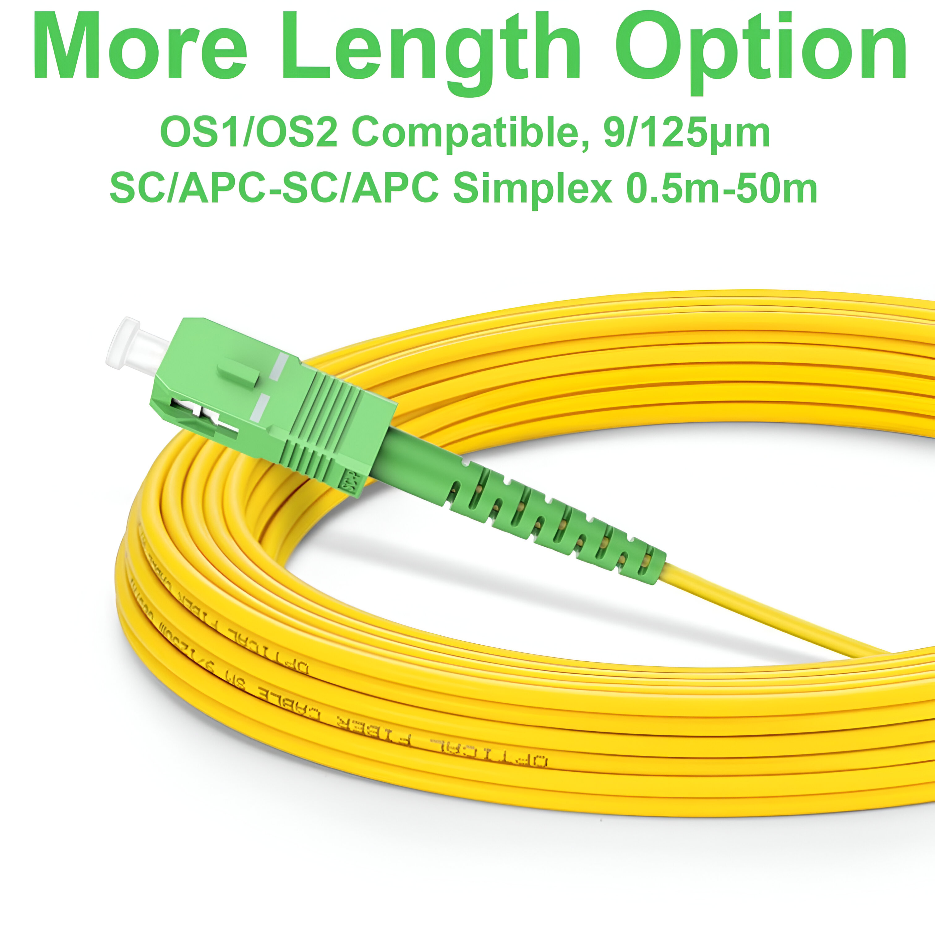 Cable de fibra óptica amarillo con un conector verde. El texto en la etiqueta dice: Optical Fiber Cable.