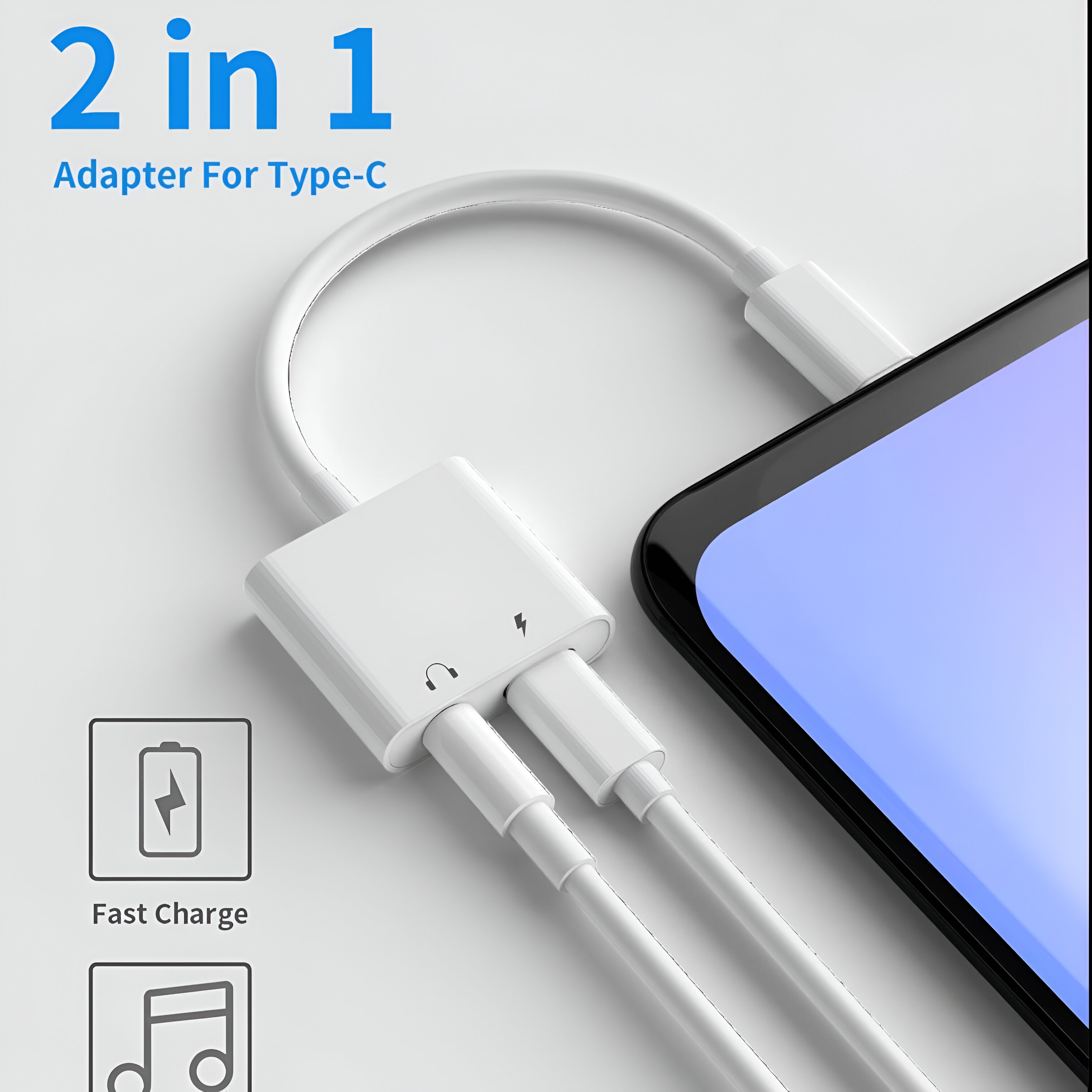 Adaptador blanco 2 en 1 para Tipo-C. Con dos cables blancos y símbolos de carga y audio.