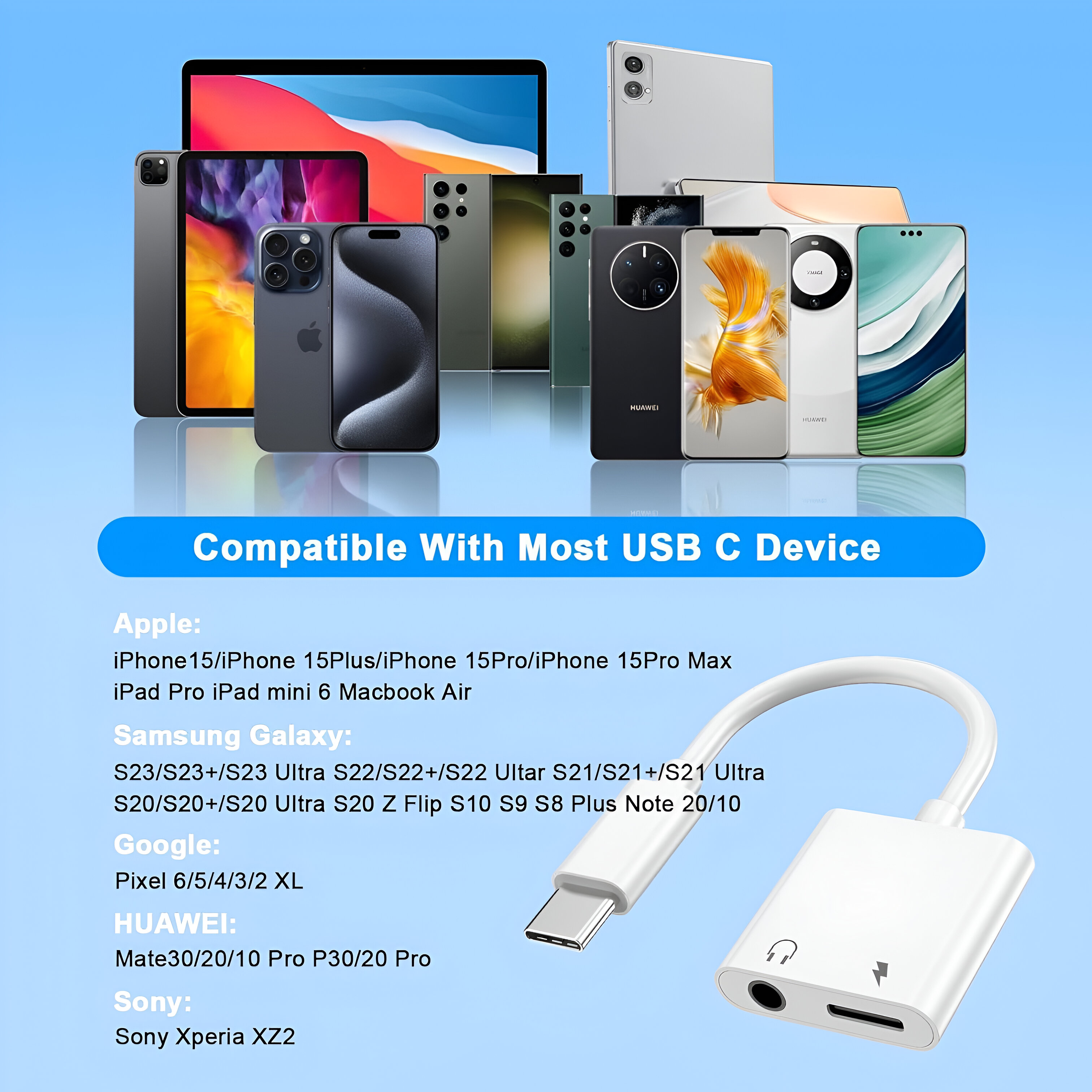Un adaptador USB-C blanco junto a varios smartphones y tabletas. Texto: Compatible con dispositivos USB-C.