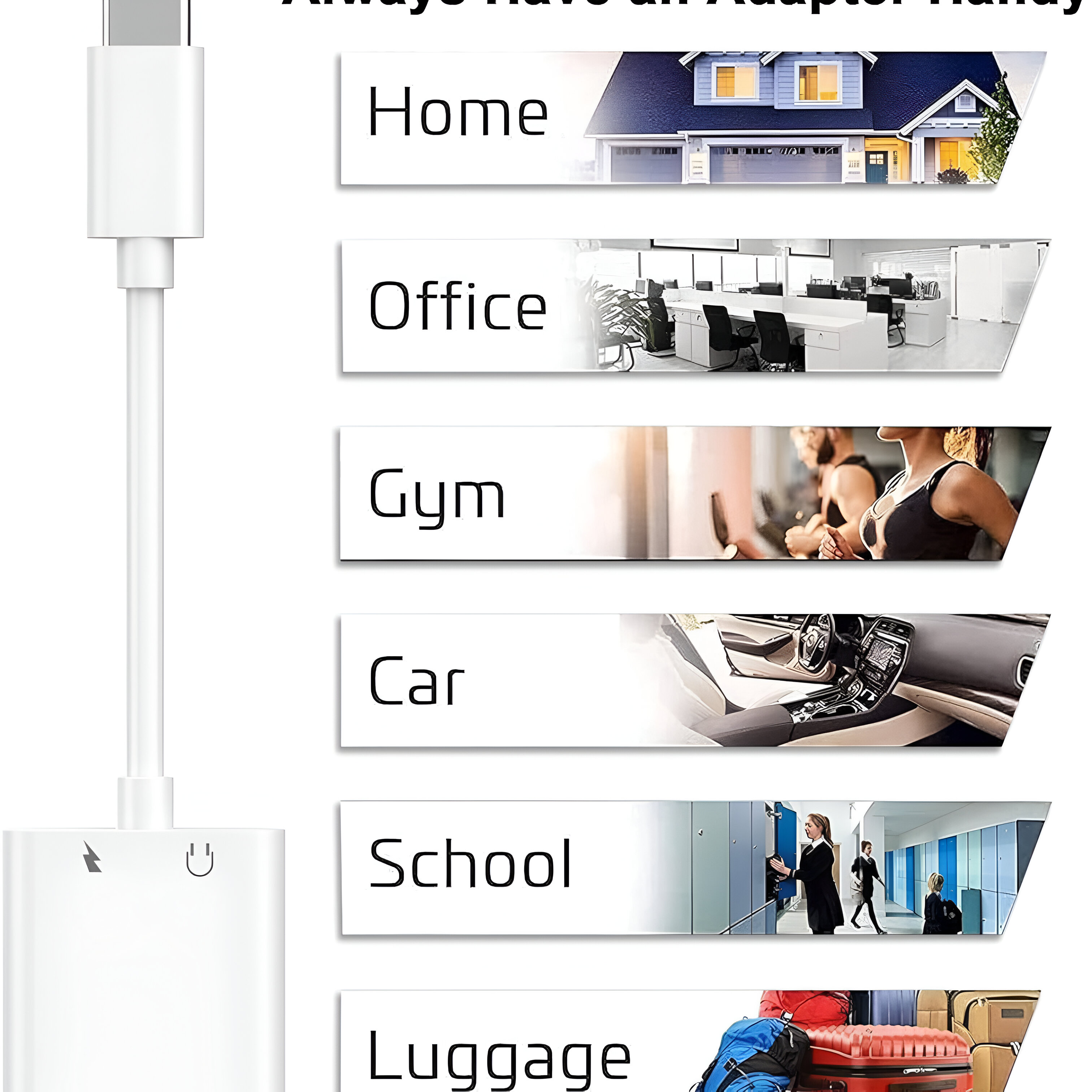Un adaptador con diferentes imágenes: casa, oficina, gimnasio, coche, escuela, equipaje.