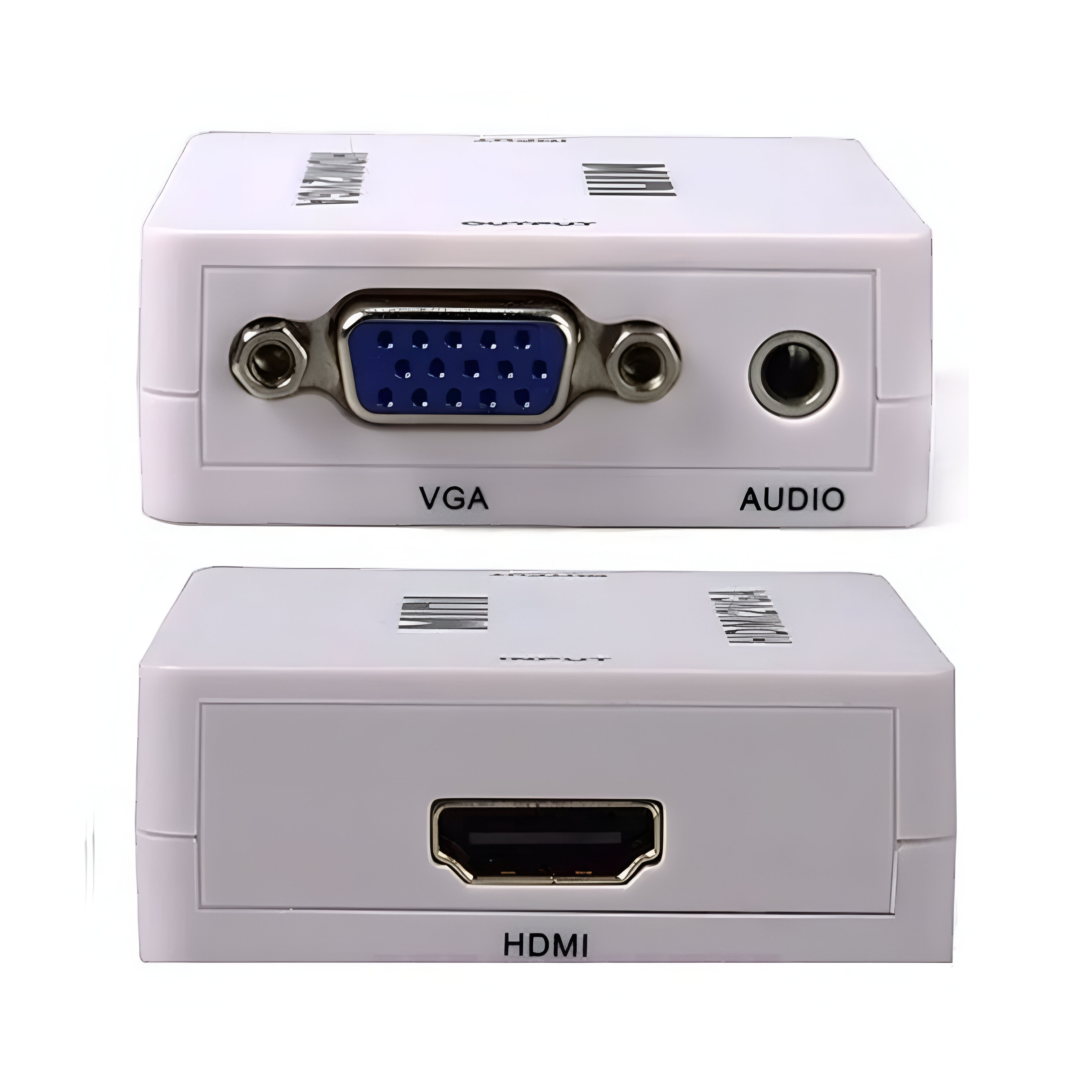Un adaptador blanco de HDMI a VGA, con entrada HDMI y salidas VGA/audio, para convertir señales digitales a analógicas.