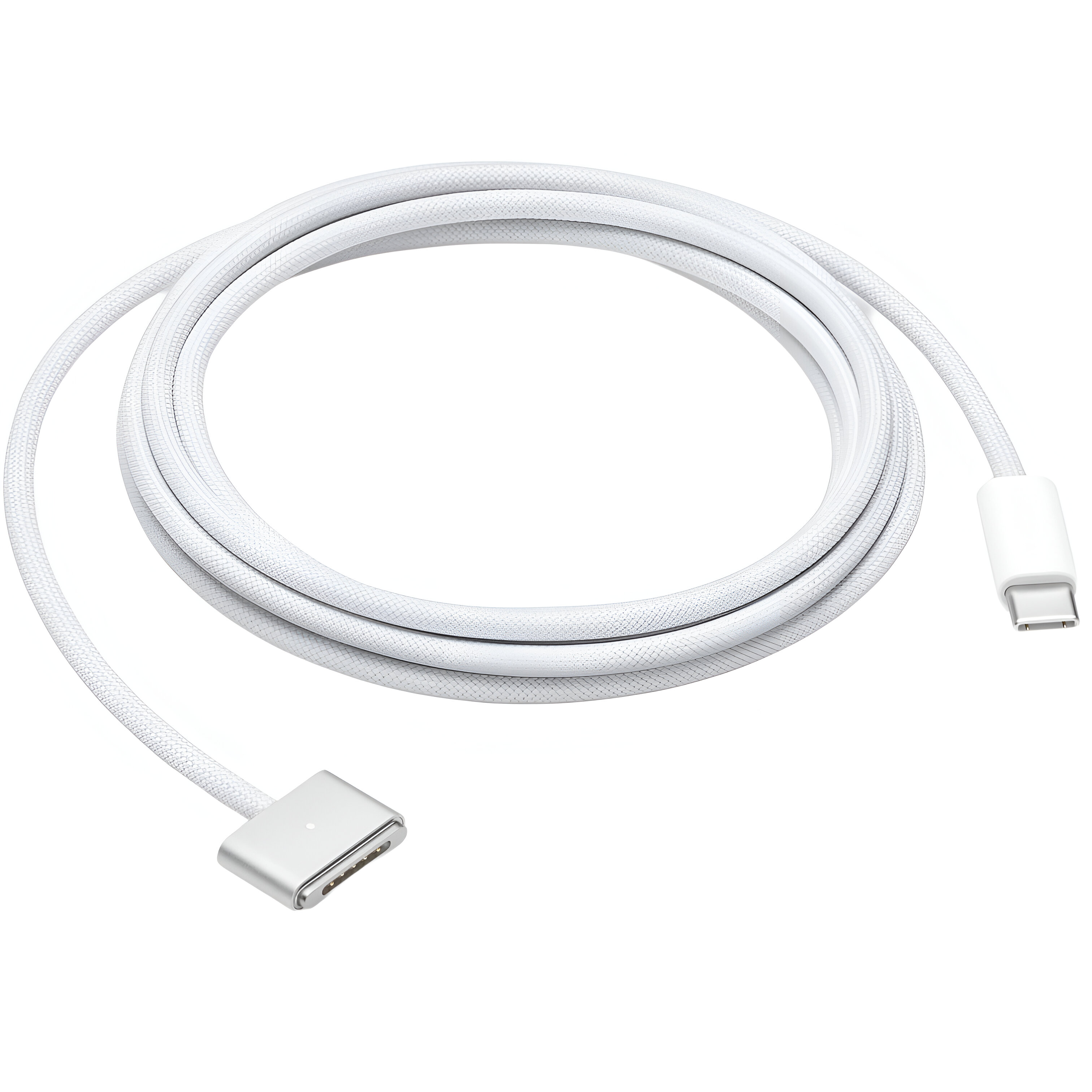 Cable de carga trenzado blanco con conectores magnéticos y USB-C, aislado.