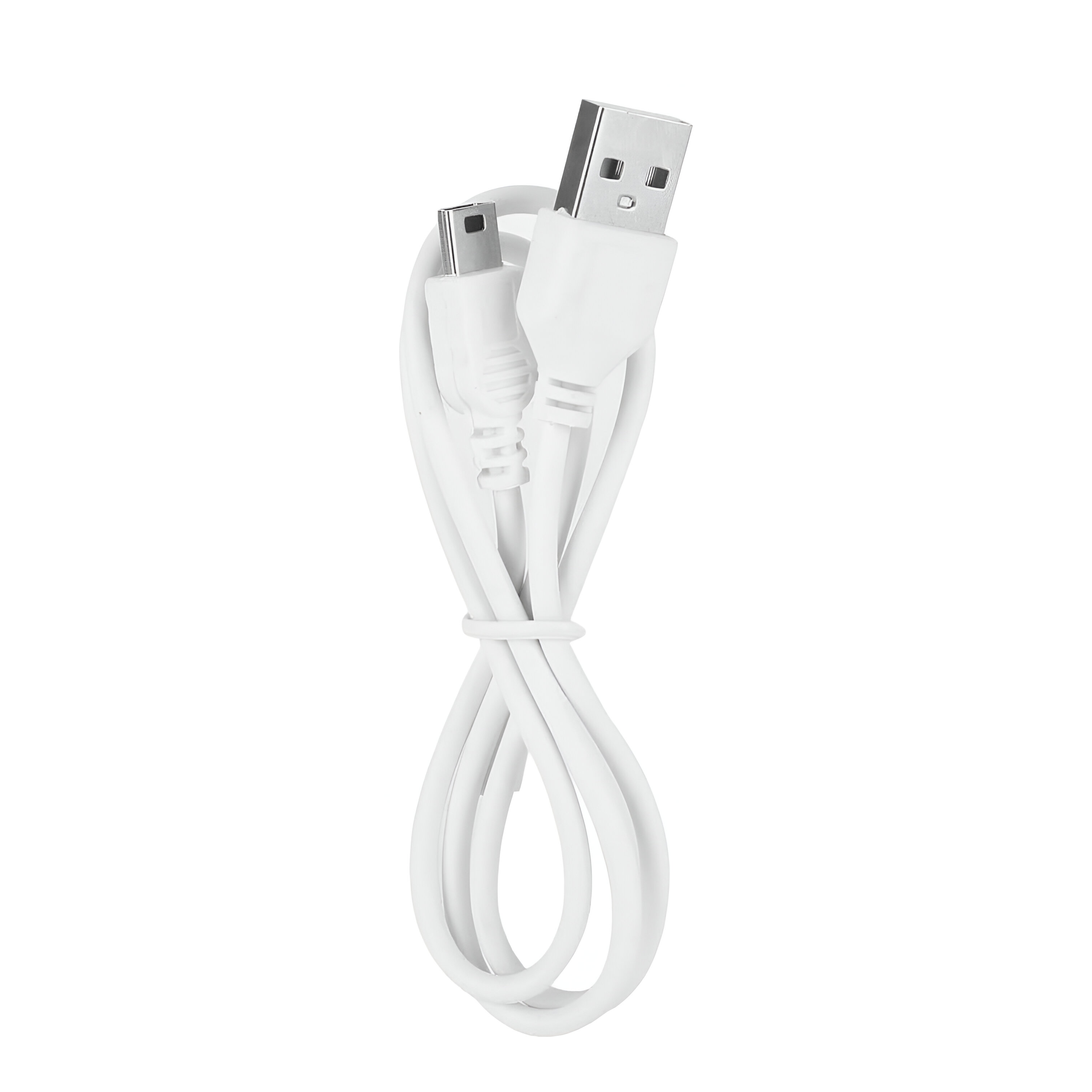 Cable de carga USB blanco, enrollado. Un conector USB-A en un extremo y micro-USB en el otro.