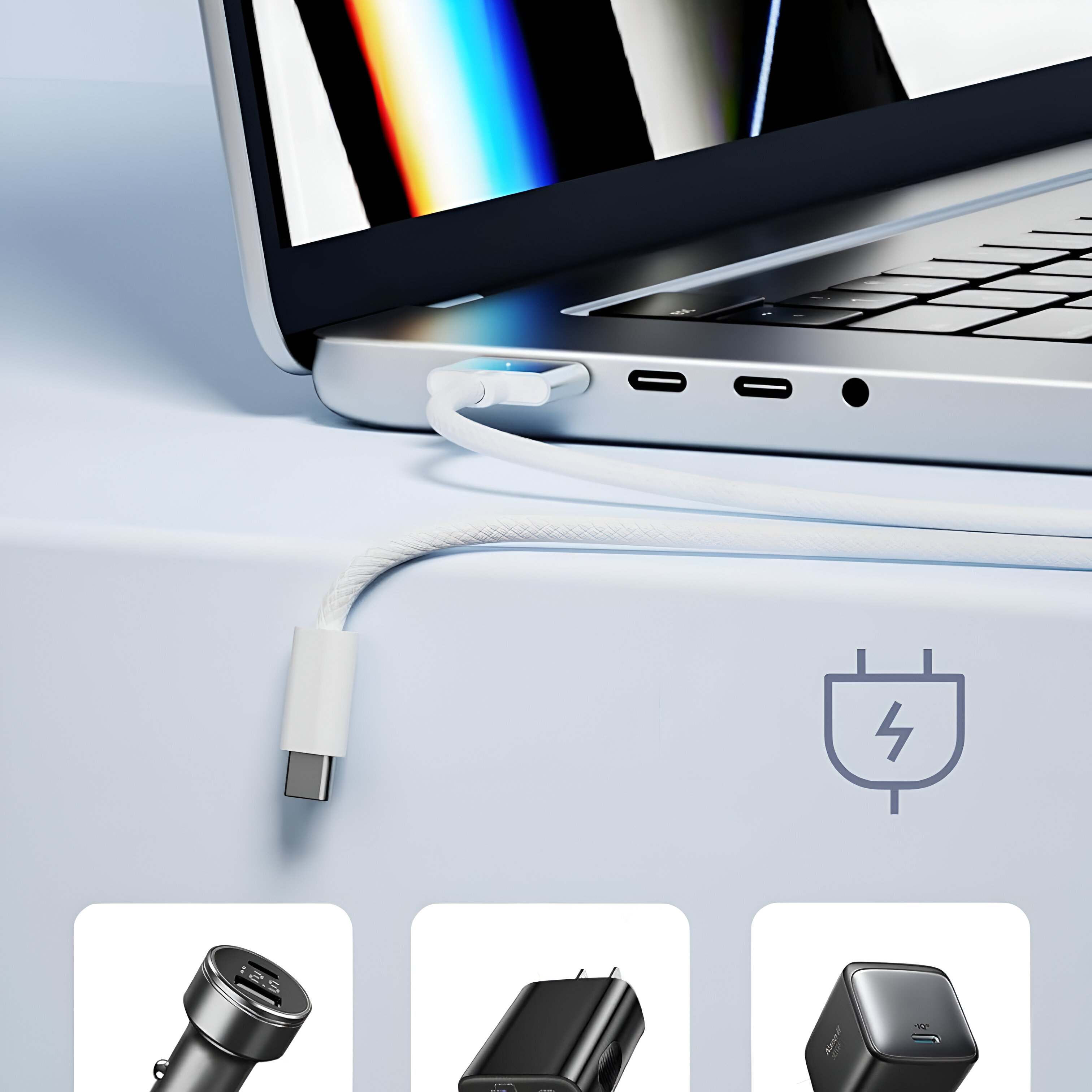 Un cable de carga blanco conectado a una laptop, con tres accesorios de carga.