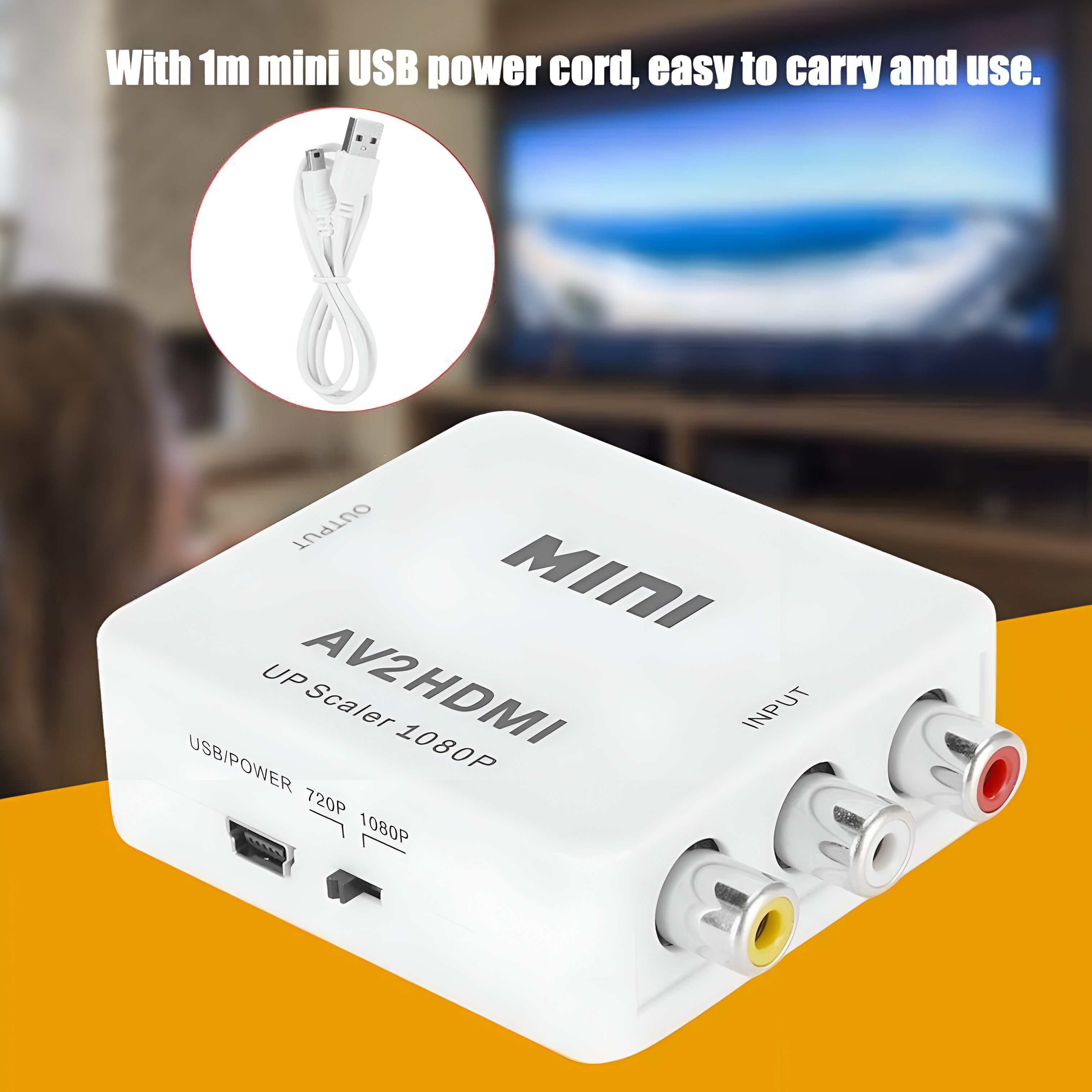 Caja convertidora AV2HDMI blanca con puertos de entrada y salida, y un cable USB, sobre fondo amarillo.