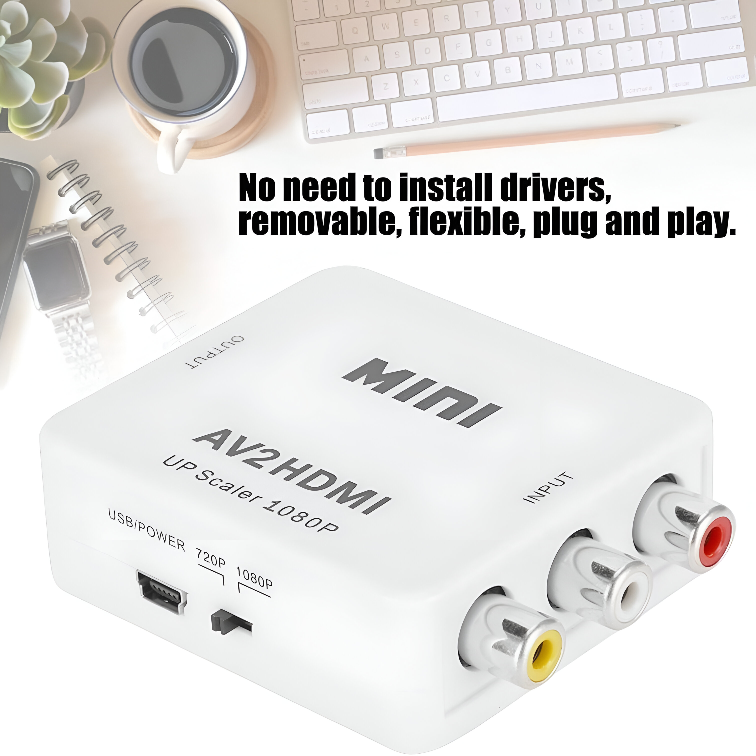 Convertidor AV2HDMI blanco con puertos de entrada/salida. Texto: mini, AV2HDMI, USB.