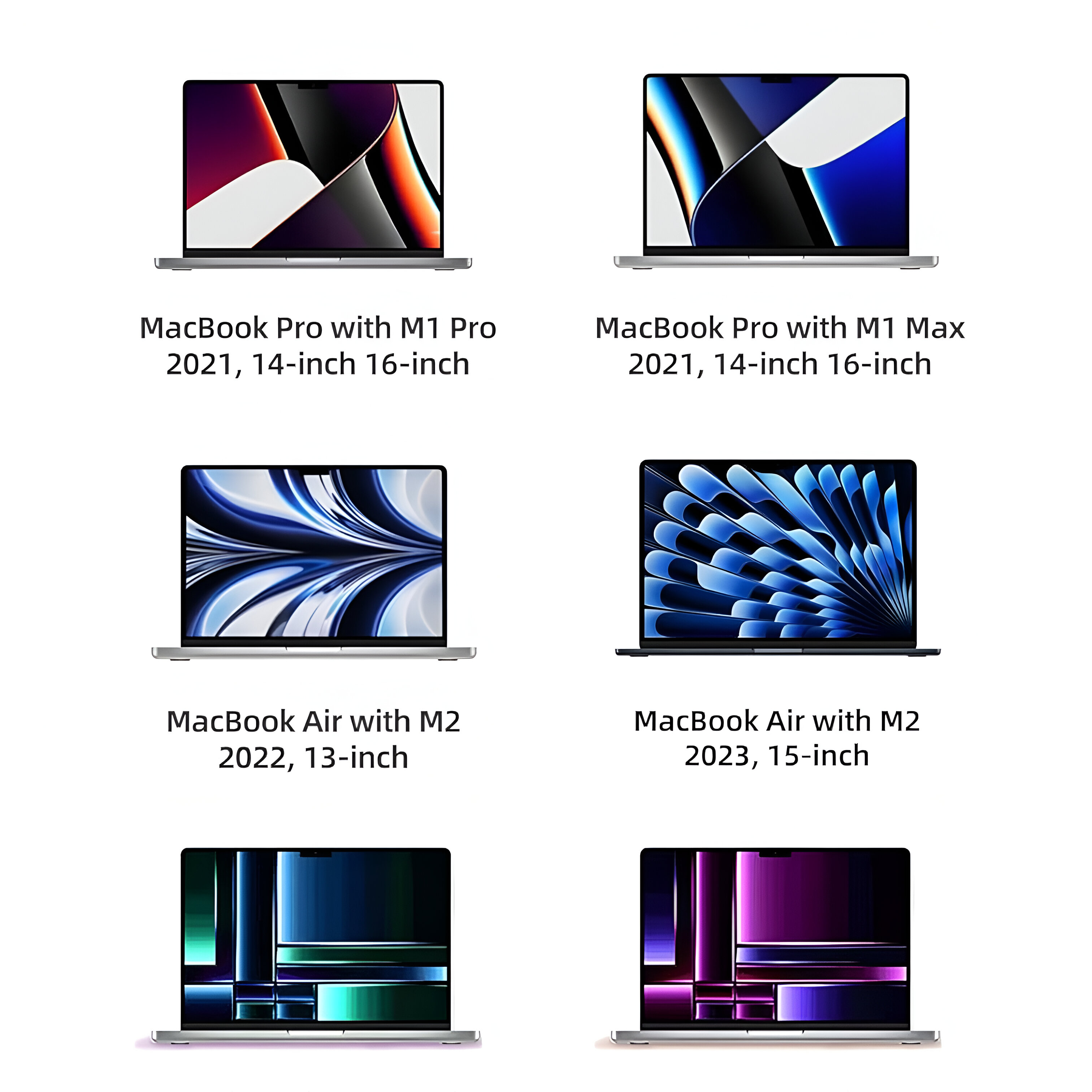 Seis MacBooks, con diferentes diseños de pantalla y nombres de modelos mostrados.