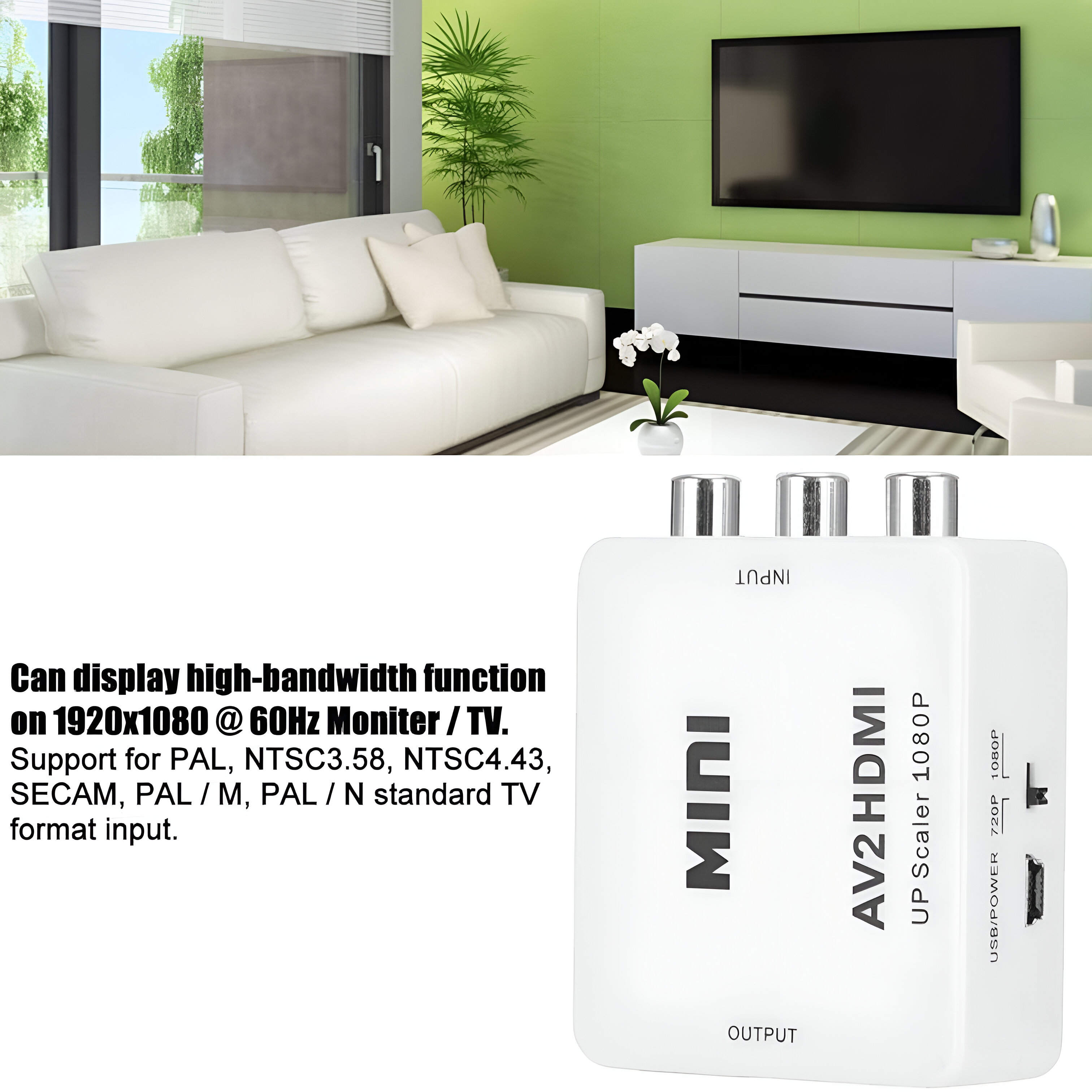 Un convertidor de HDMI a AV blanco con texto, en una sala de estar.