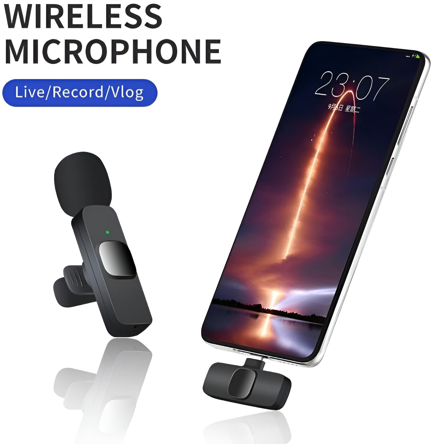 Micrófono inalámbrico con smartphone. Micrófono negro y teléfono con hora.