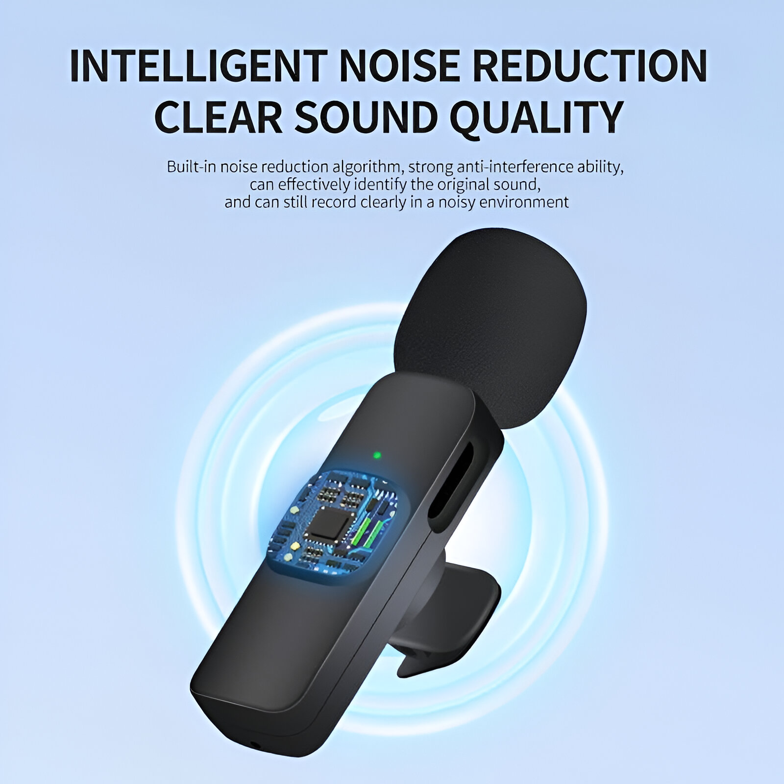 Un micrófono inalámbrico negro. Tiene una luz verde, y el texto dice 'INTELLIGENT NOISE REDUCTION CLEAR SOUND QUALITY'.