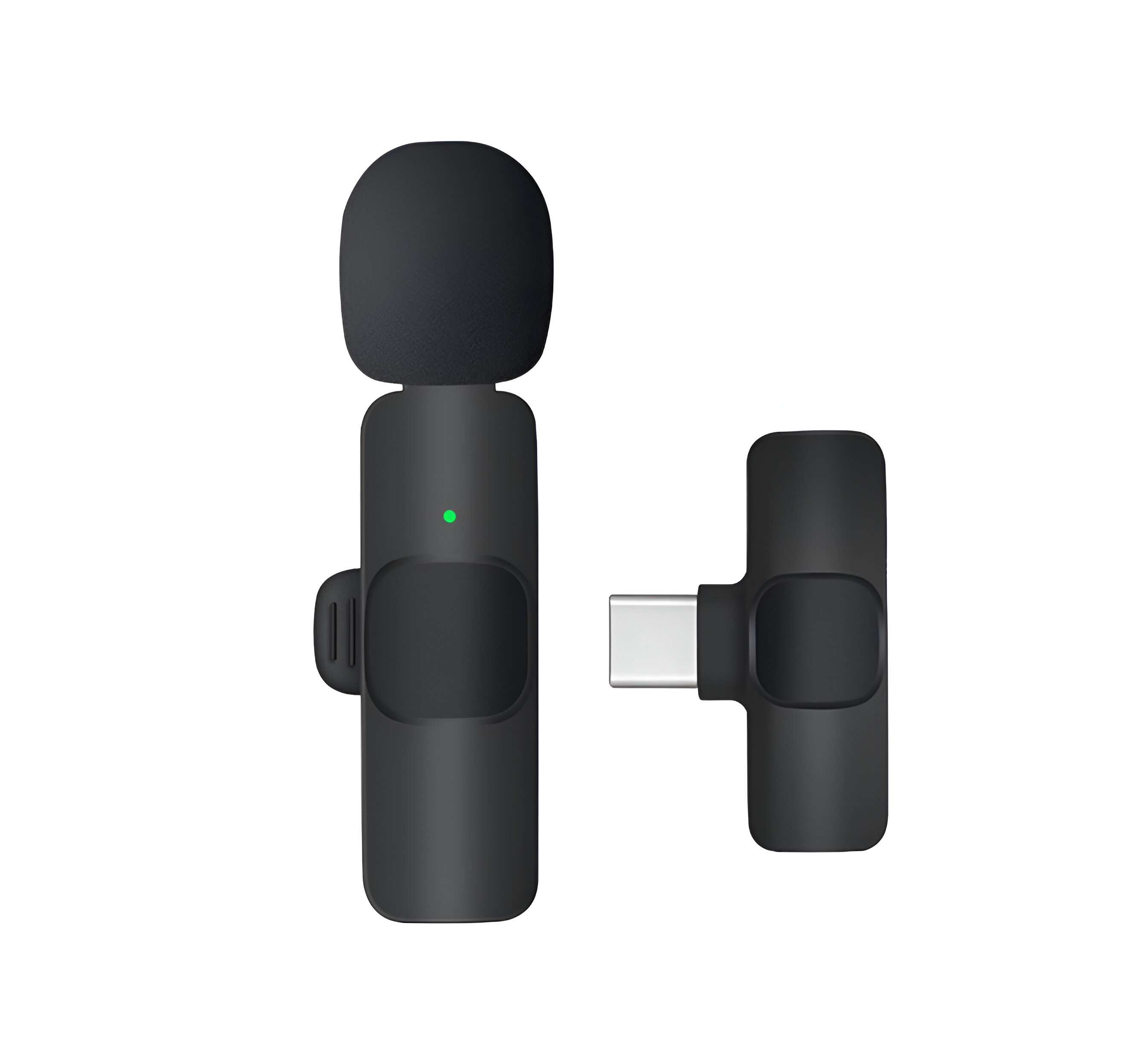 Juego de micrófono inalámbrico negro con receptor USB-C y micrófono.