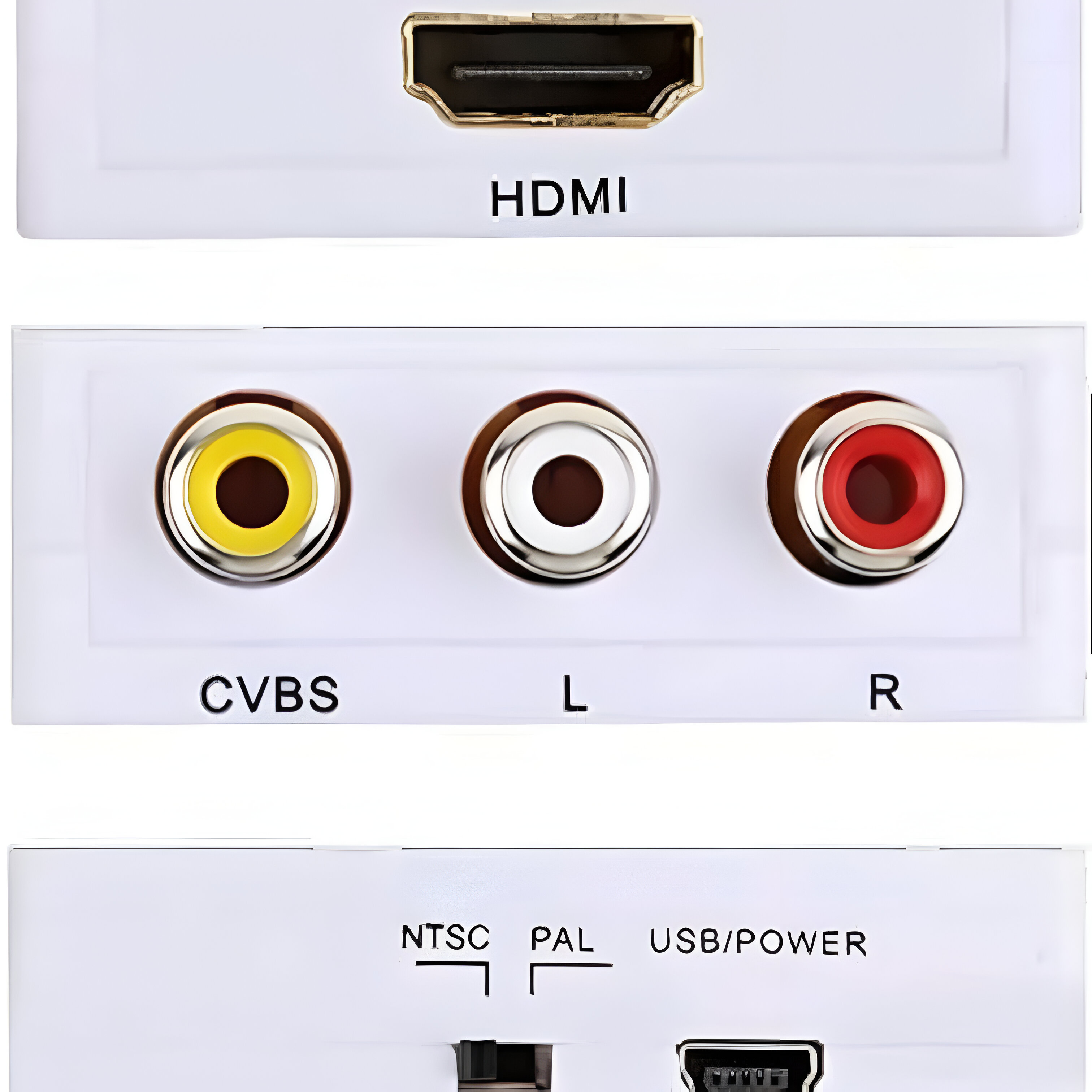 Primer plano de un dispositivo blanco con tres puertos de salida y un puerto de entrada HDMI.