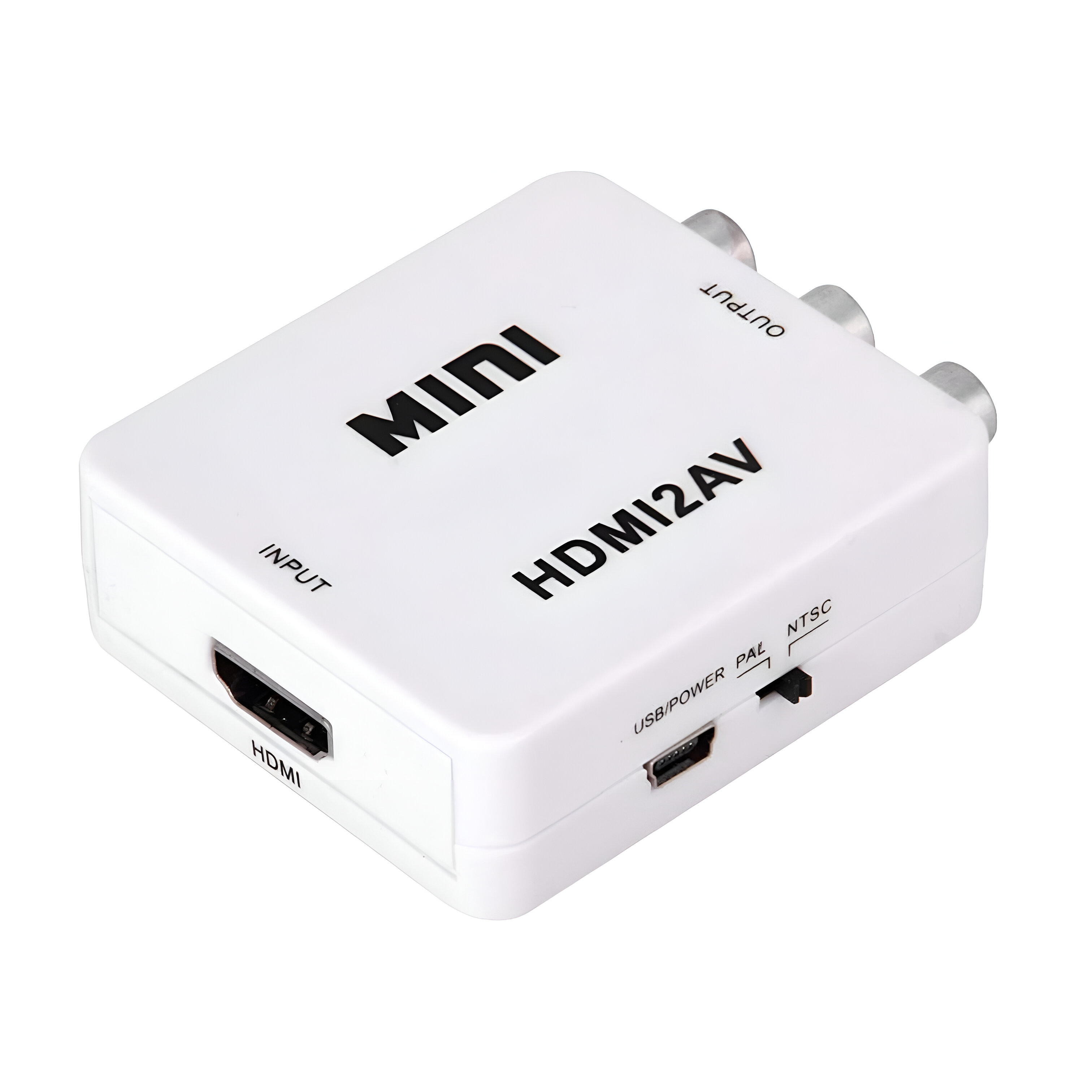 Un convertidor Mini HDMI2AV blanco con puertos de entrada, salida y USB. El dispositivo es blanco.