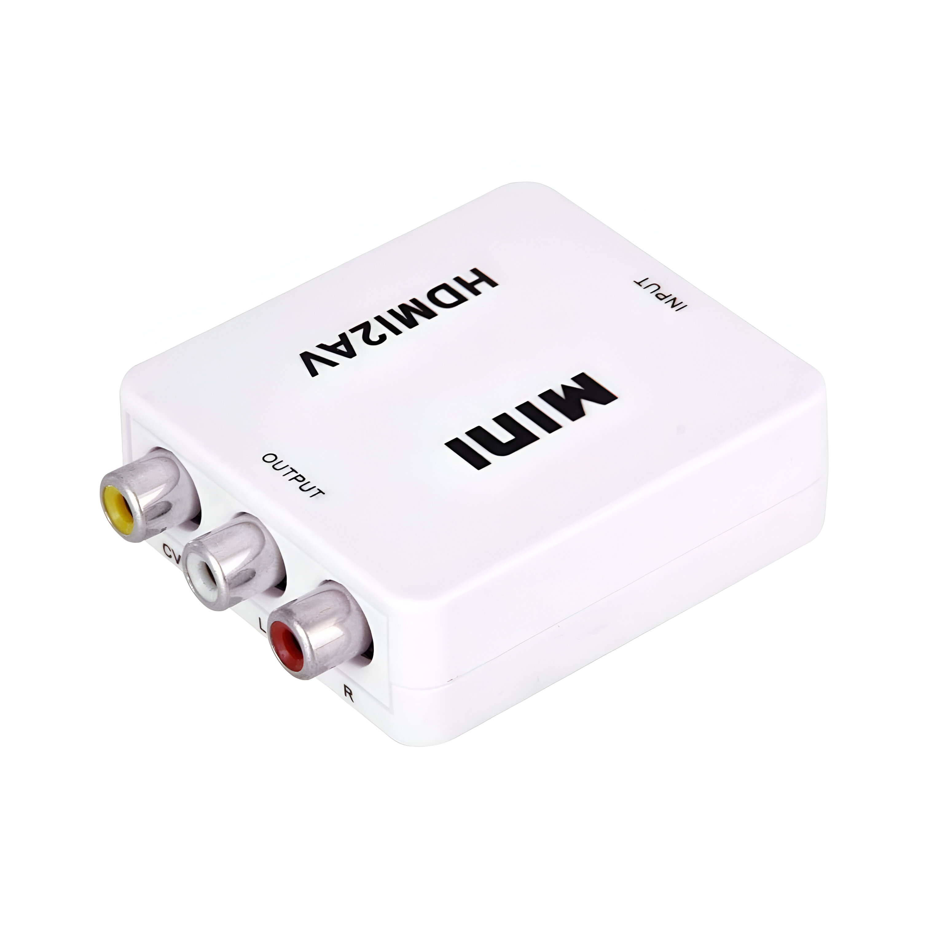 Un mini adaptador HDMI a RCA blanco con etiquetas de entrada y salida.