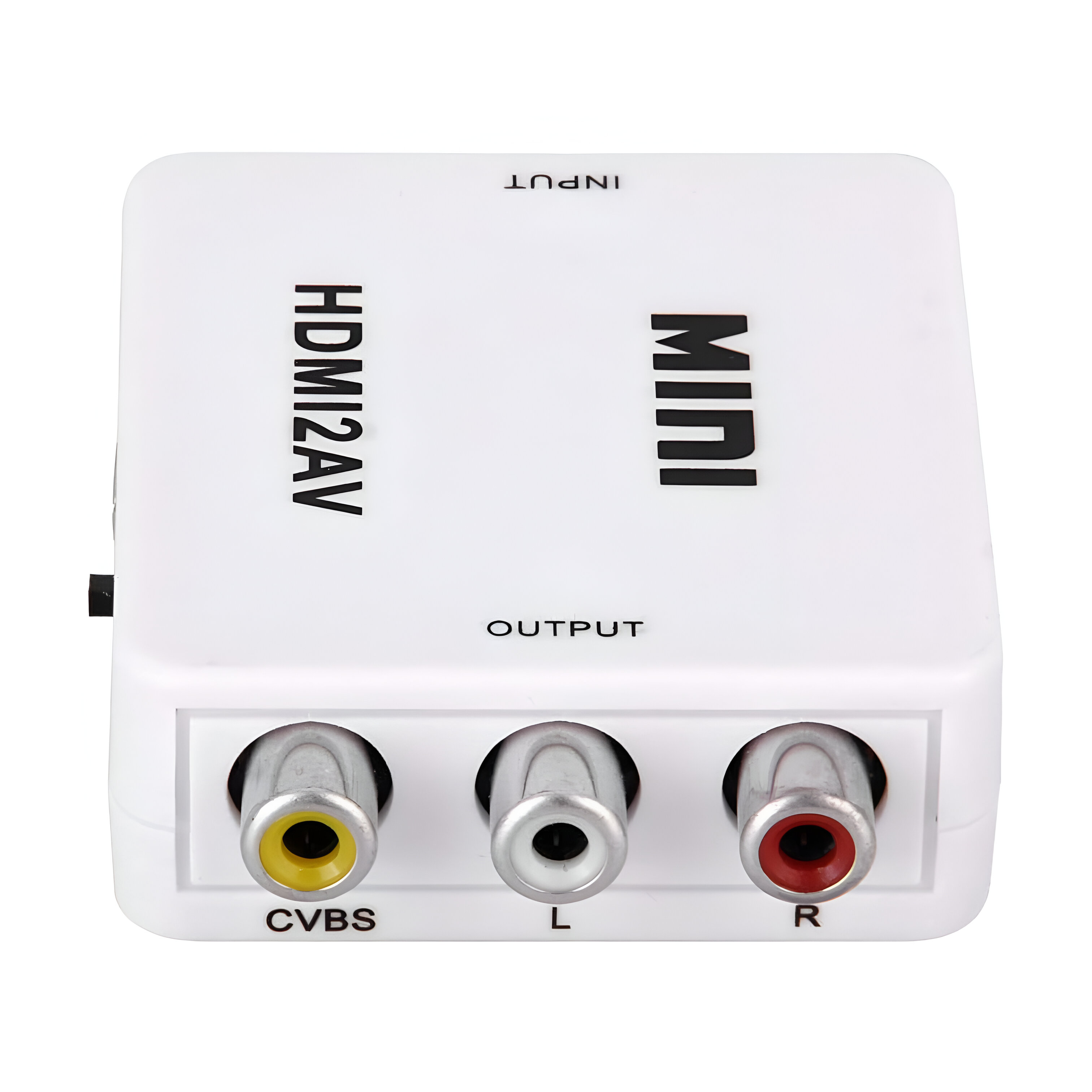 Adaptador HDMI a mini AV blanco con puertos de entrada y salida, aislado.