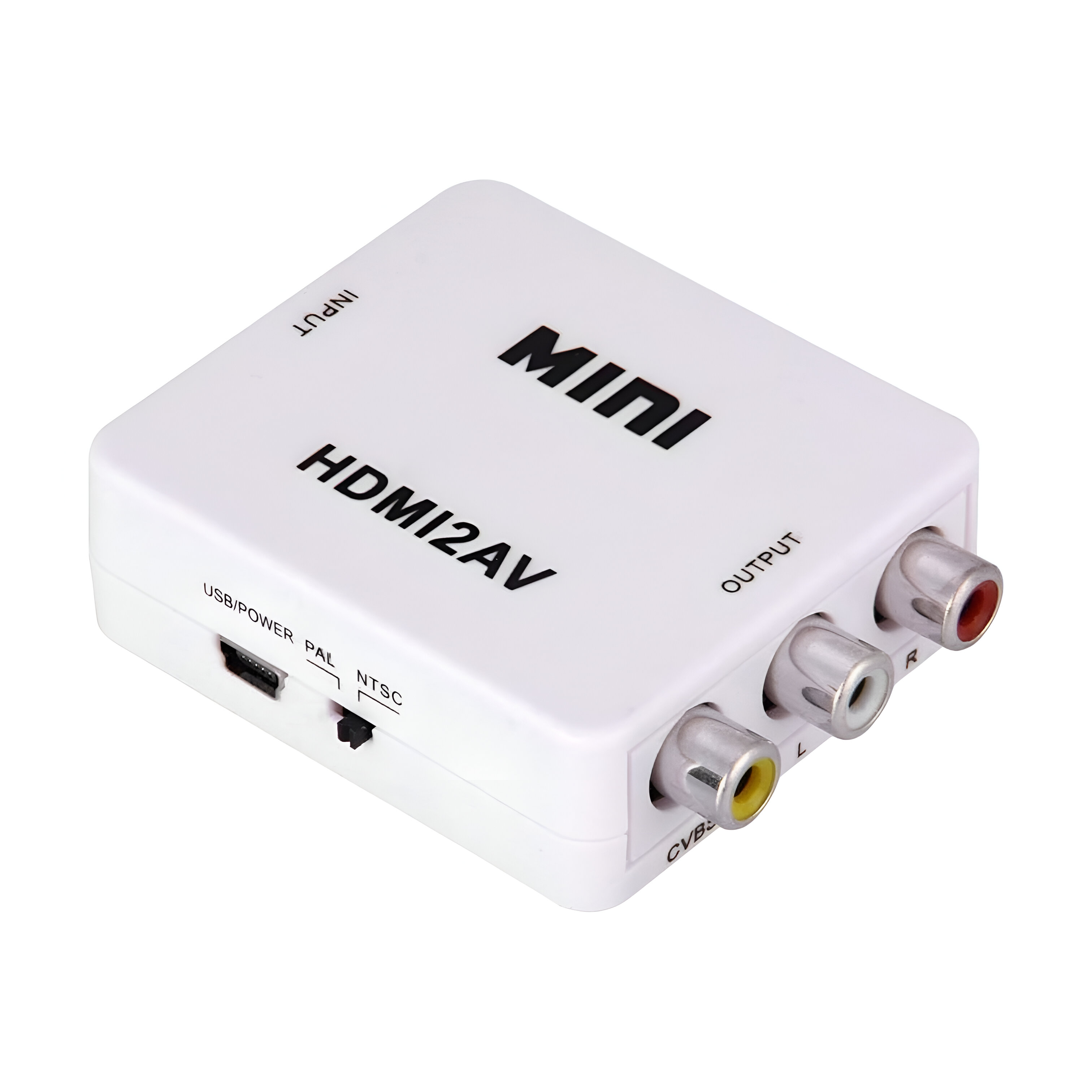 Convertidor HDMI2AV blanco con puertos de entrada y salida. Con USB y selector NTSC/PAL.