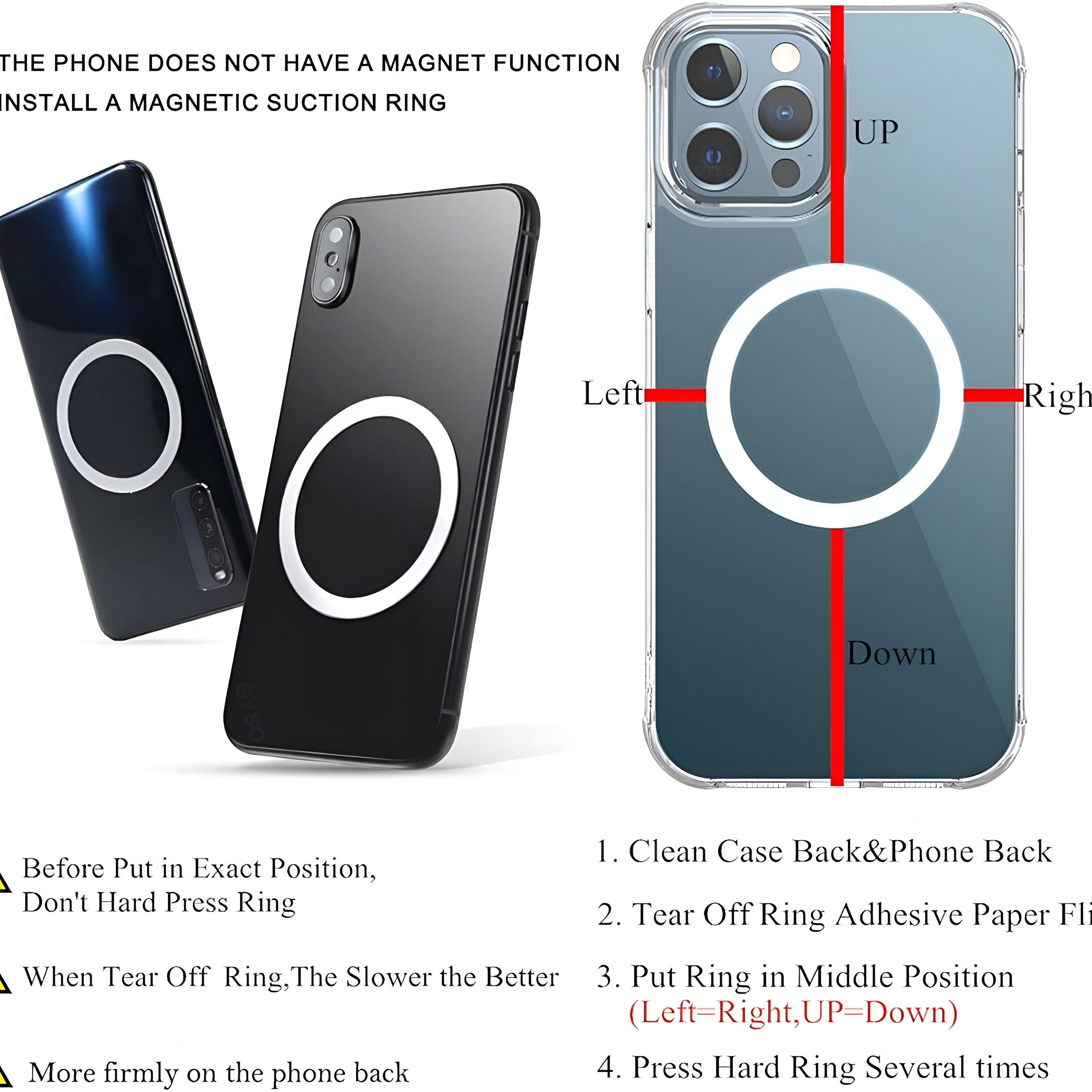 Diagrama que ilustra la instalación de una funda para teléfono. Muestra teléfonos con anillos, con instrucciones y flechas.