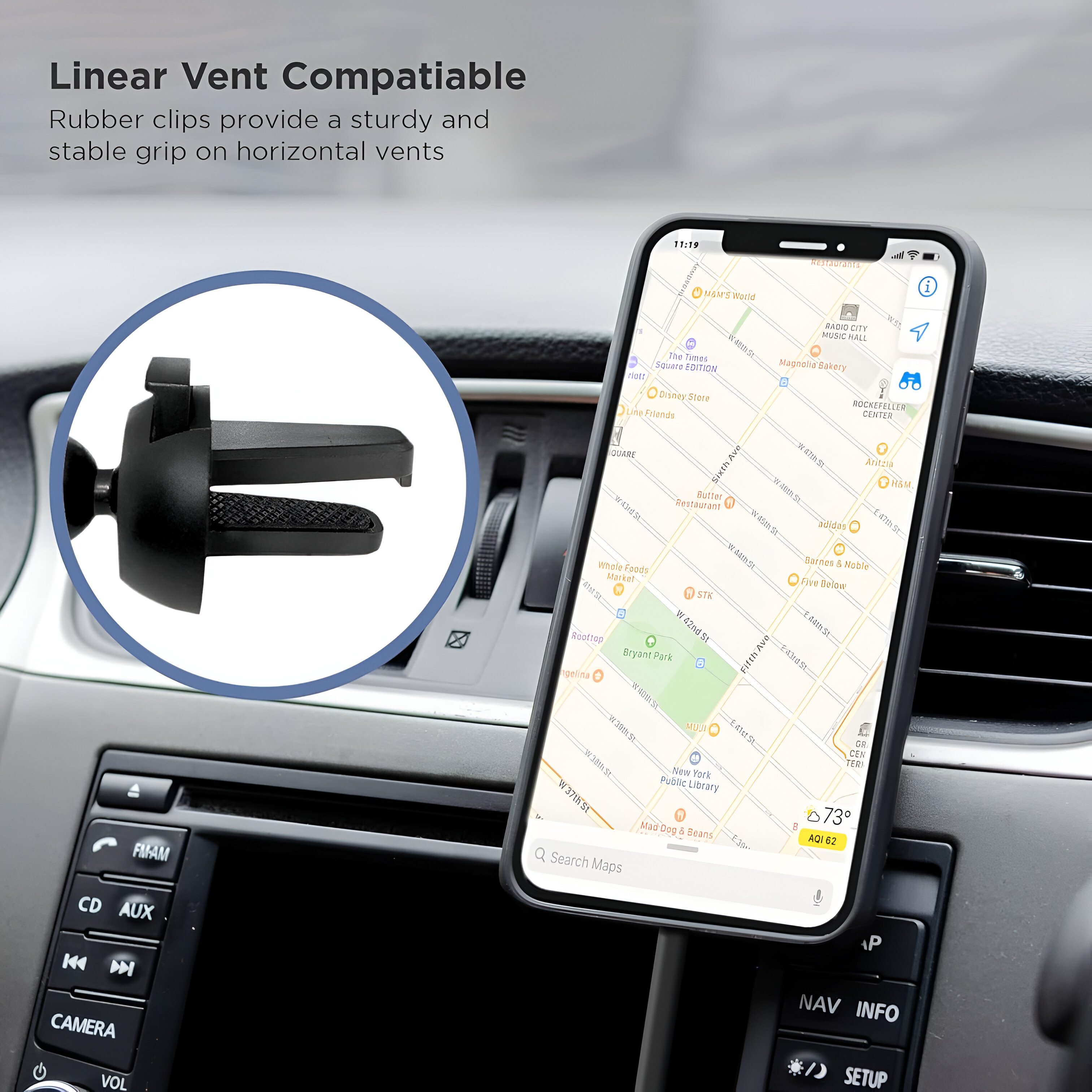 Soporte para teléfono de coche con un teléfono que muestra un mapa y el interior del coche.