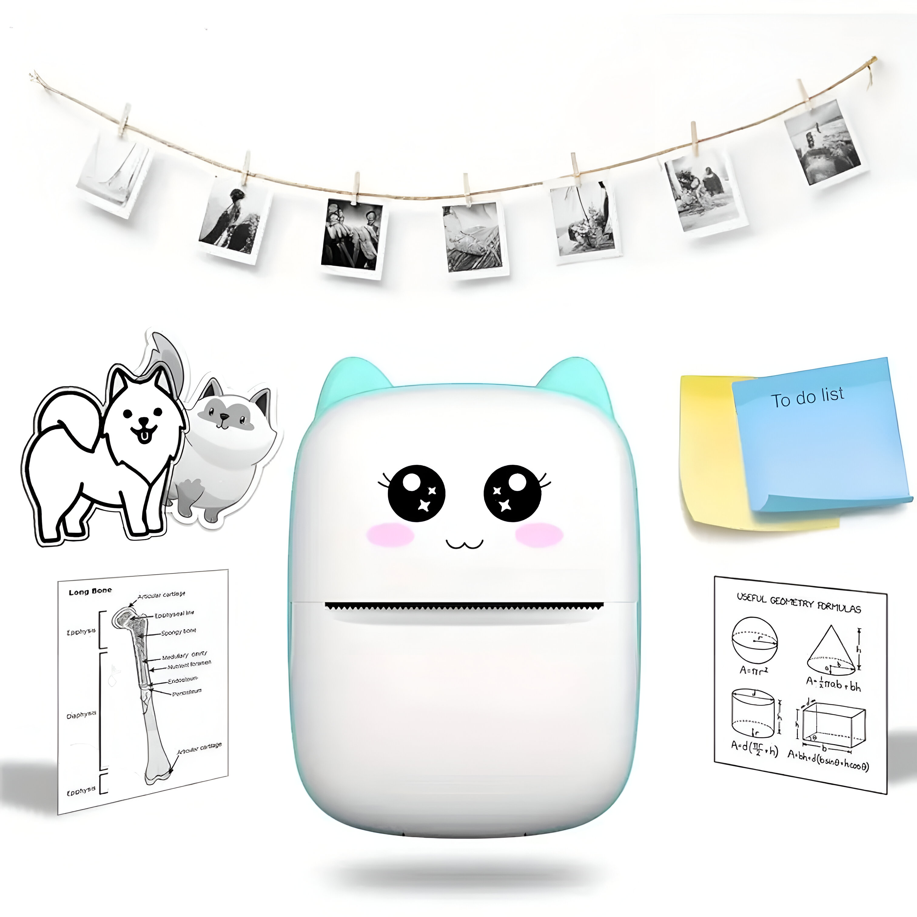 Impresora con forma de gato con fotos, notas y diagramas, sobre un fondo blanco.