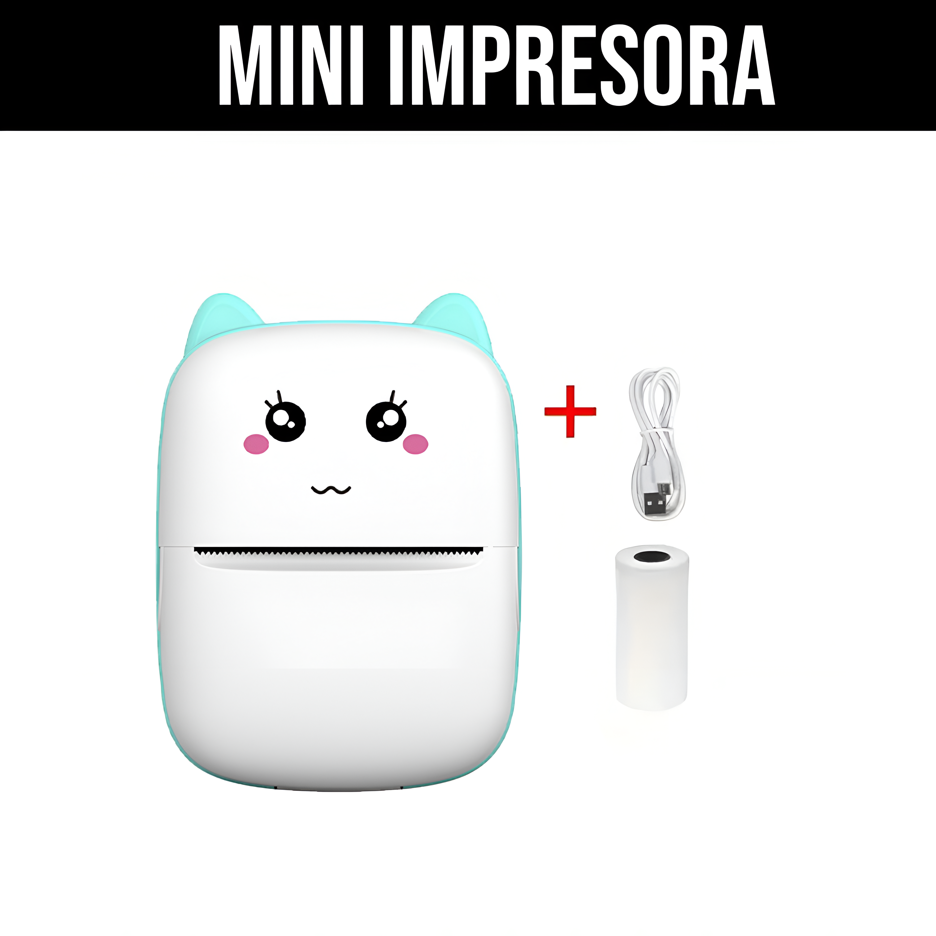 Una mini impresora con un diseño de gato, un cable USB y un rollo de papel.