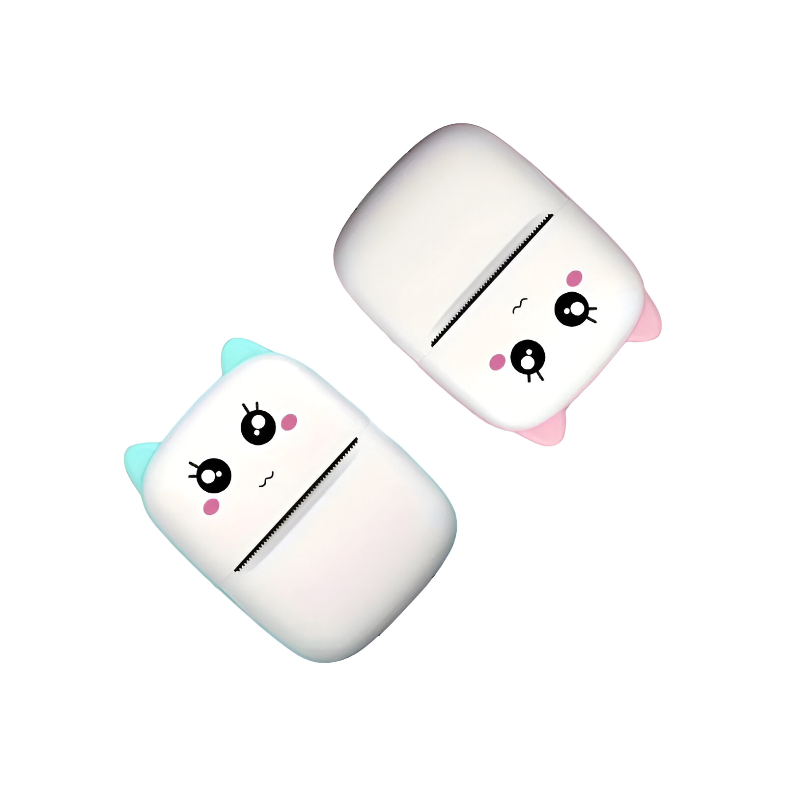 Dos gomas de borrar con forma de gato, una azul y otra rosa, con caras sonrientes.