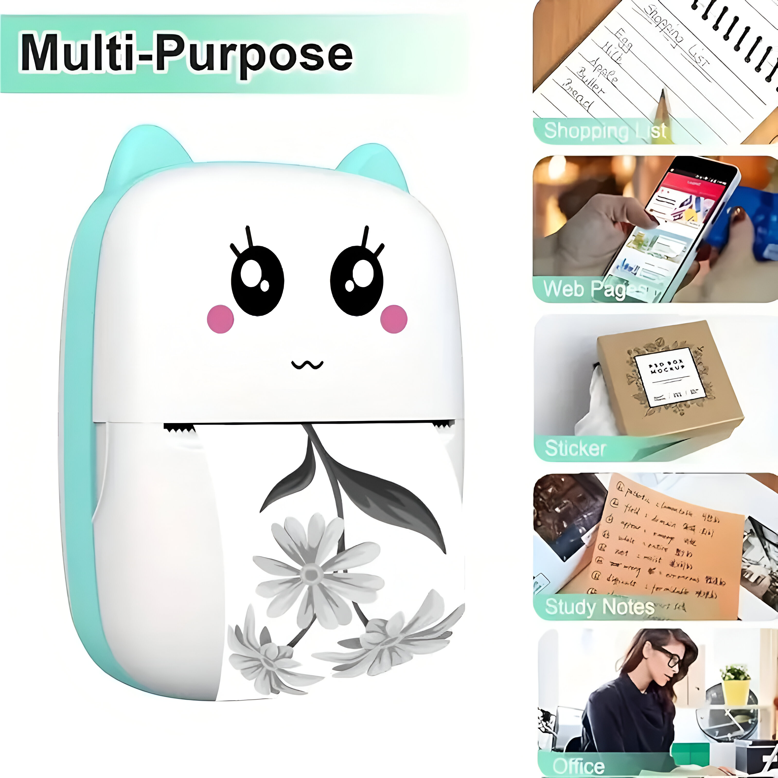 Impresora multiusos con diseño lindo. Muestra lista de compras impresa, página web, pegatina, notas, oficina.