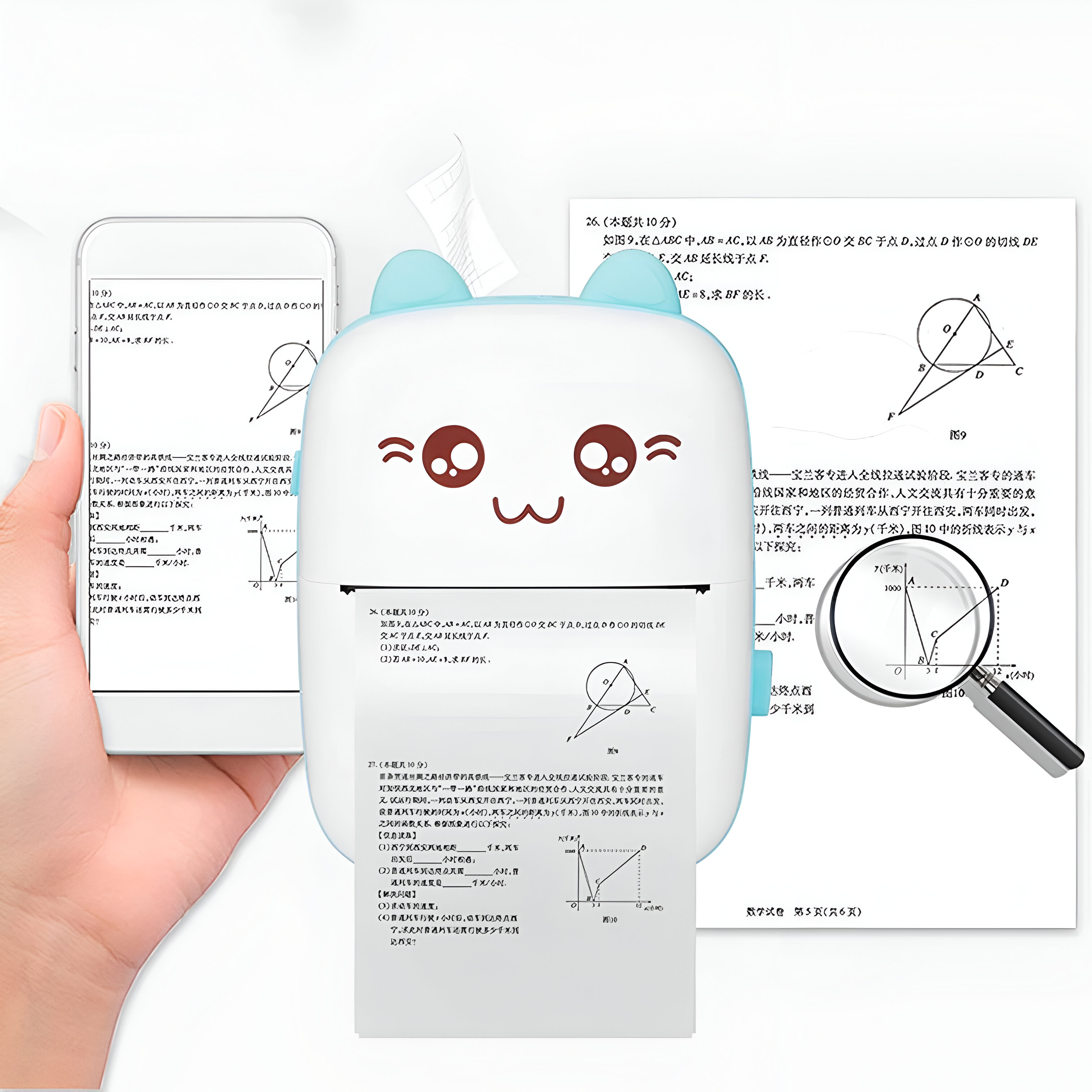 Una impresora pequeña, azul, estilo dibujos animados imprimiendo papeles. Smartphone cerca.
